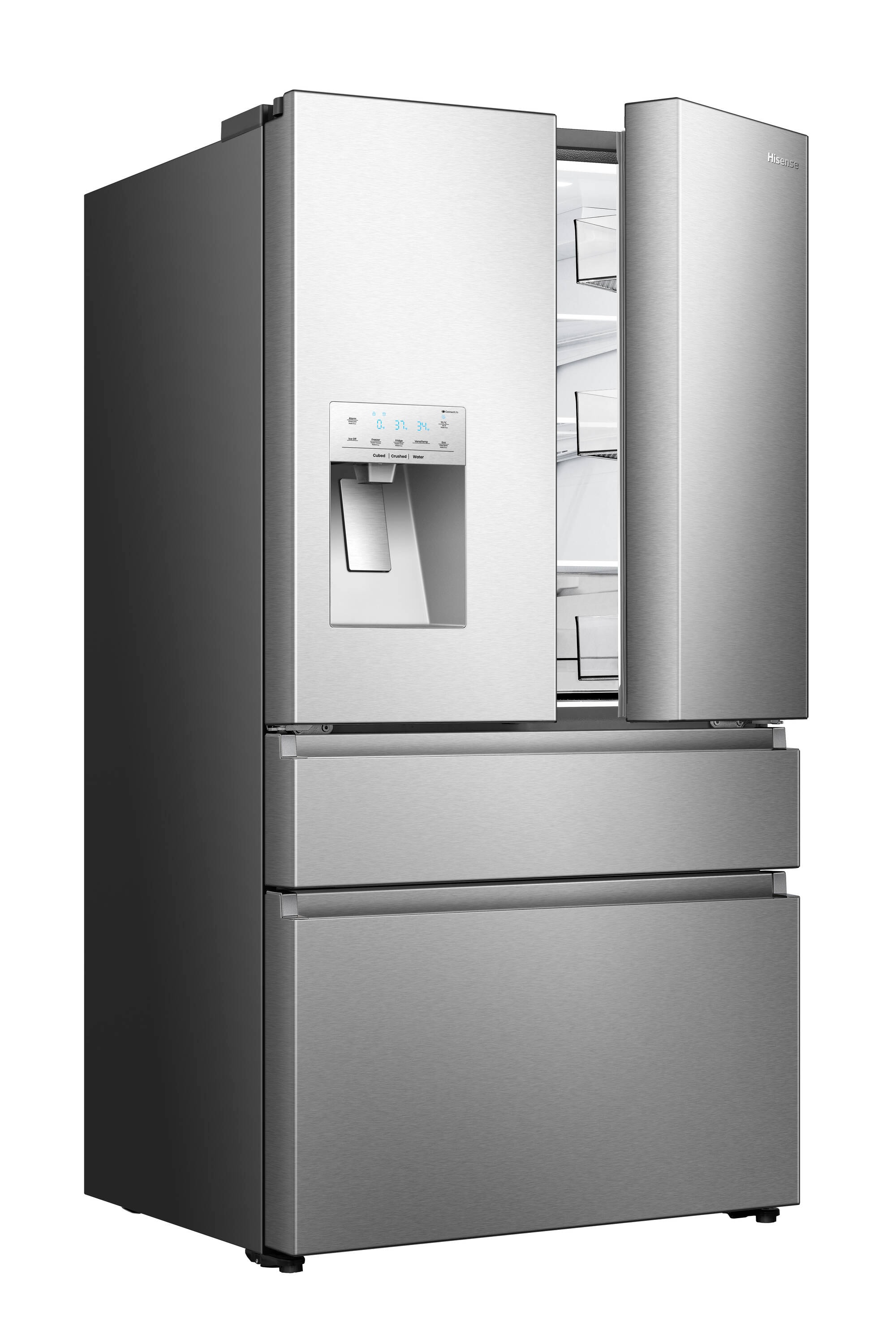 Refrigerador Hisense PureFlat de puerta francesa estándar con profundidad de 25.6 pies cúbicos y 4 puertas, compatible con Smart, con fabricador de hielo y dispensador de agua y hielo (acero inoxidable) Certificado ENERGY STAR HRM260N6TSE