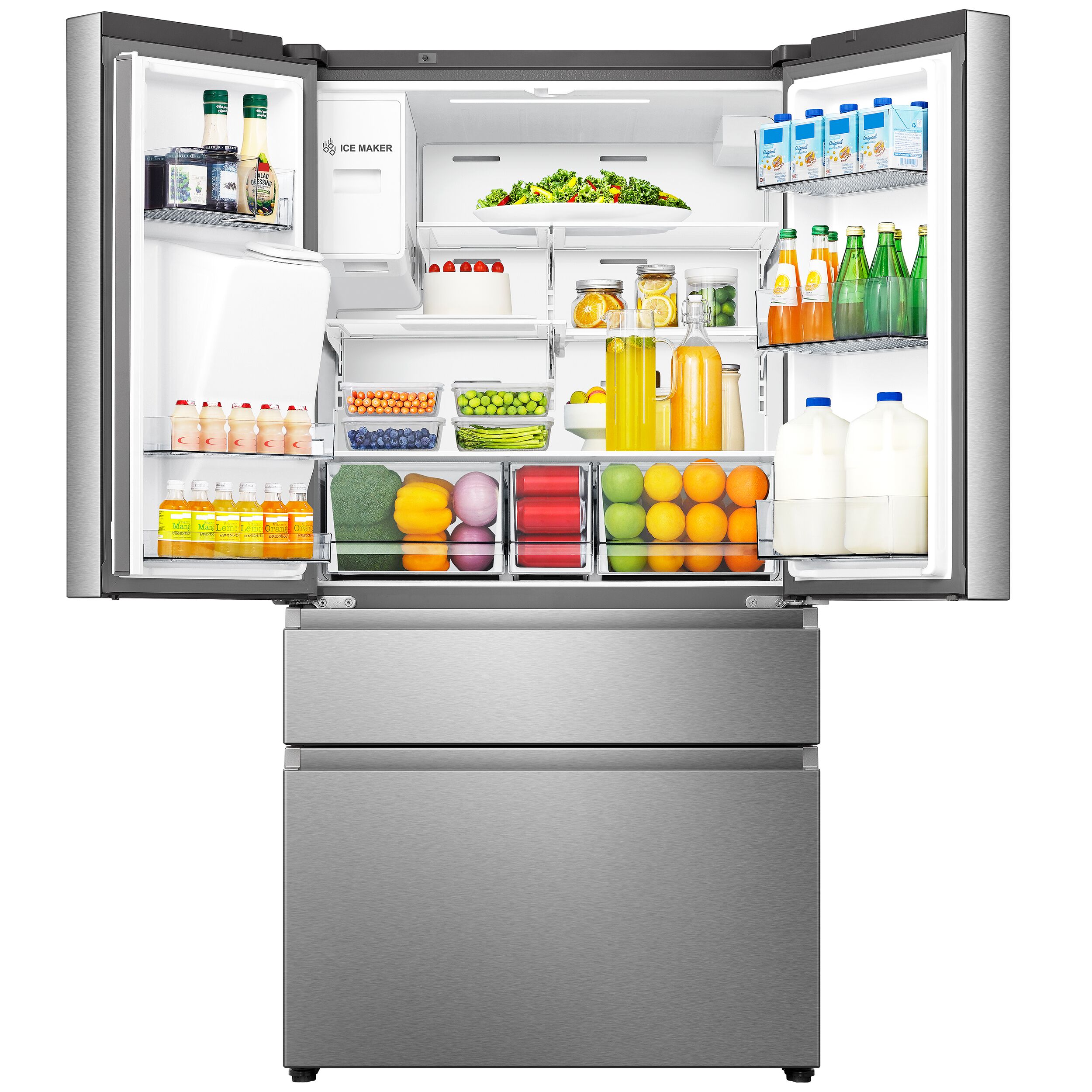 Refrigerador Hisense PureFlat de puerta francesa estándar con profundidad de 25.6 pies cúbicos y 4 puertas, compatible con Smart, con fabricador de hielo y dispensador de agua y hielo (acero inoxidable) Certificado ENERGY STAR HRM260N6TSE