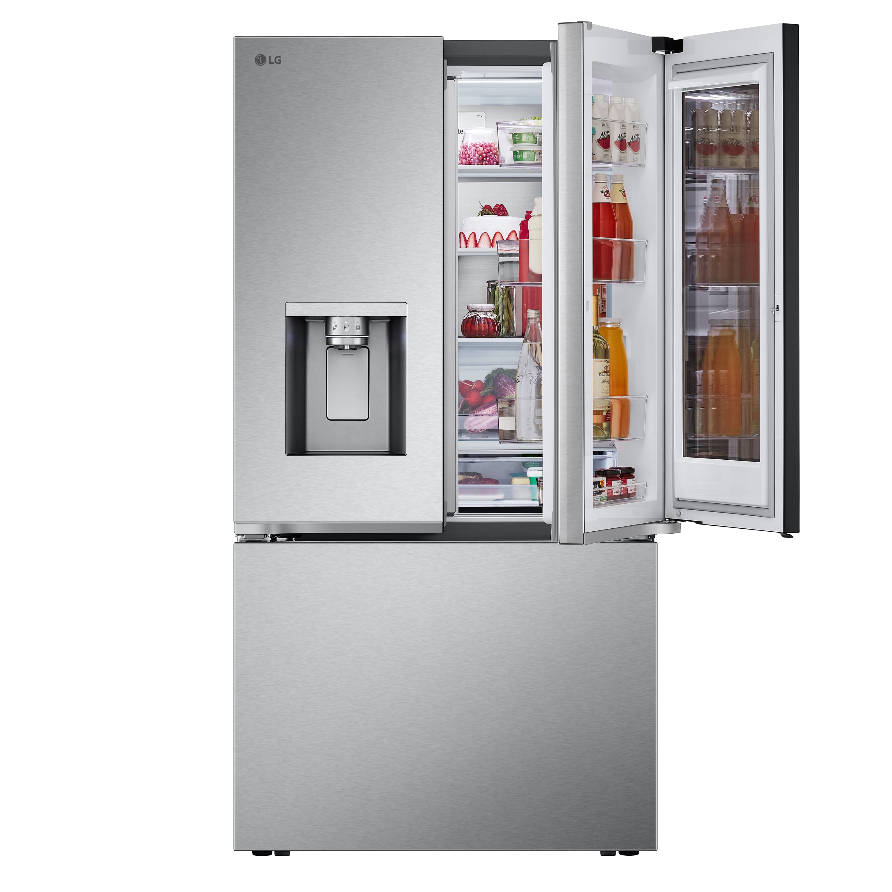 Refrigerador francés LG con dispensor de agua y hielo, puerta adentro y compartimento con vista instantánea, certificado ENERGY STAR, acero inoxidable resistente a huellas LF31S6360S de 30.7 pies cúbicos con profundidad estándar y dos fabricadores de hielo.
