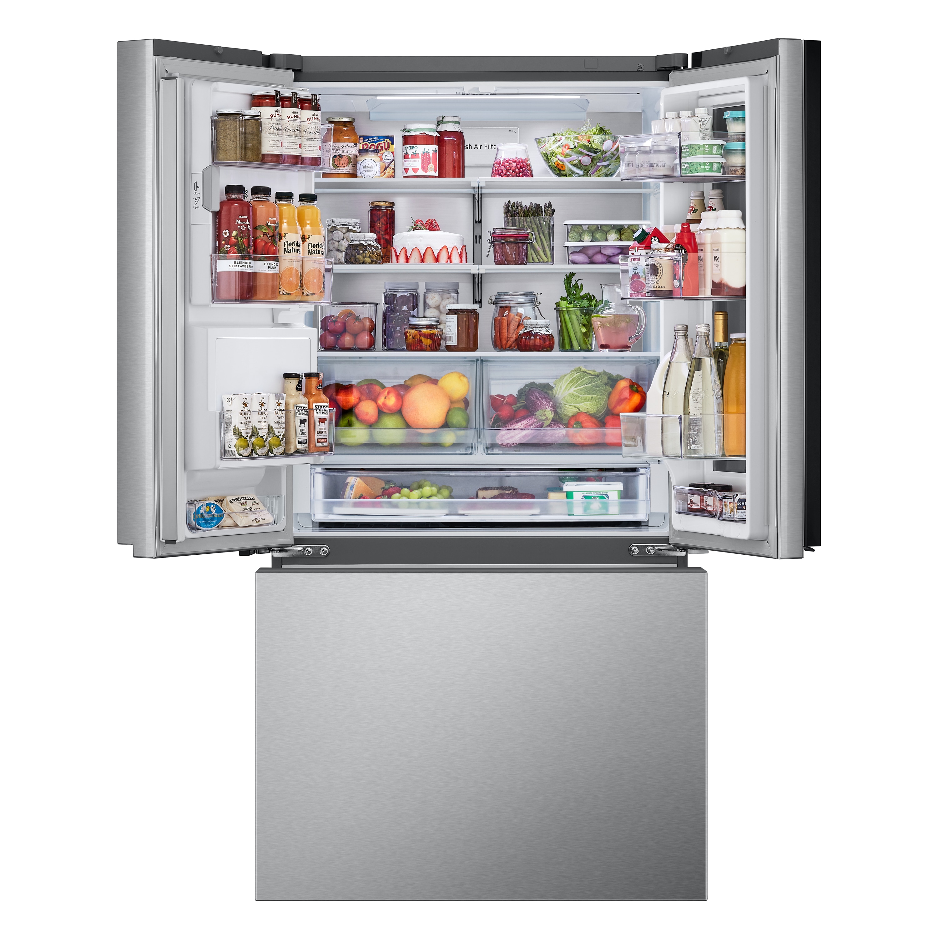 Refrigerador francés LG con dispensor de agua y hielo, puerta adentro y compartimento con vista instantánea, certificado ENERGY STAR, acero inoxidable resistente a huellas LF31S6360S de 30.7 pies cúbicos con profundidad estándar y dos fabricadores de hielo.