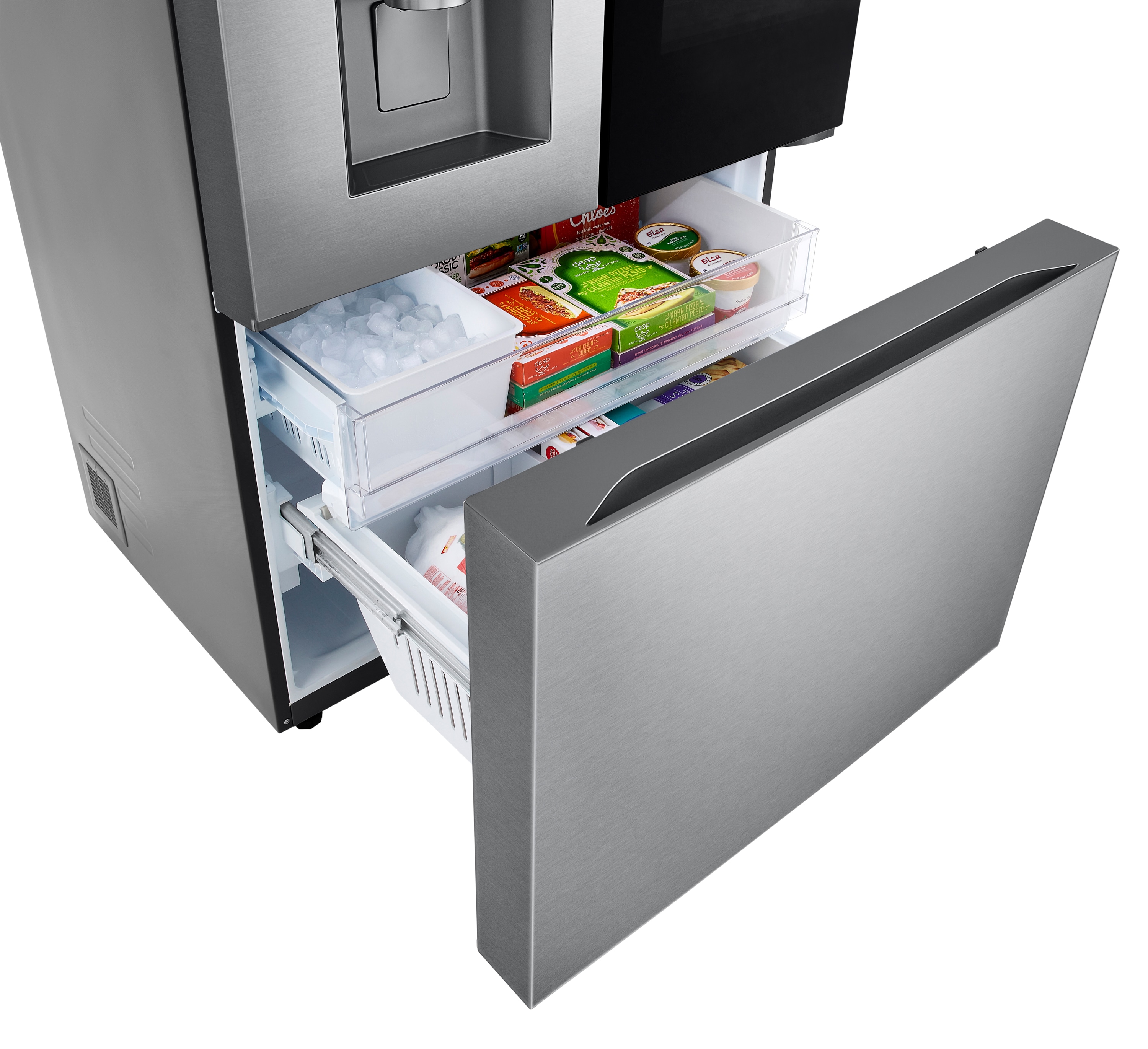Refrigerador francés LG con dispensor de agua y hielo, puerta adentro y compartimento con vista instantánea, certificado ENERGY STAR, acero inoxidable resistente a huellas LF31S6360S de 30.7 pies cúbicos con profundidad estándar y dos fabricadores de hielo.