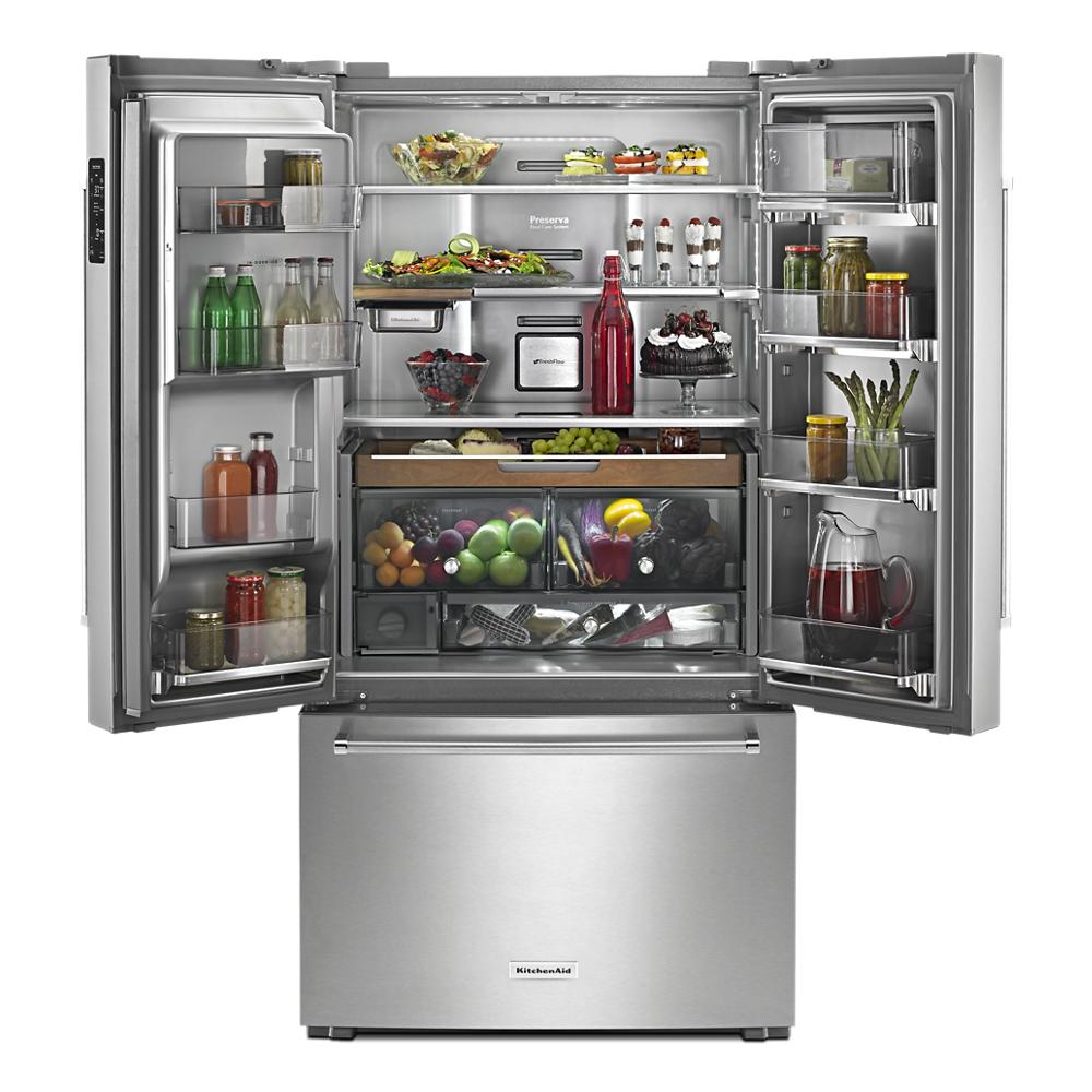 Refrigerador francés con dispensador de hielo y agua de 23.8 pies cúbicos con puerta francesa de 3 puertas y profundidad de mostrador de KitchenAid (Acero inoxidable con acabado PRINTSHIELD) KRFC704FPS