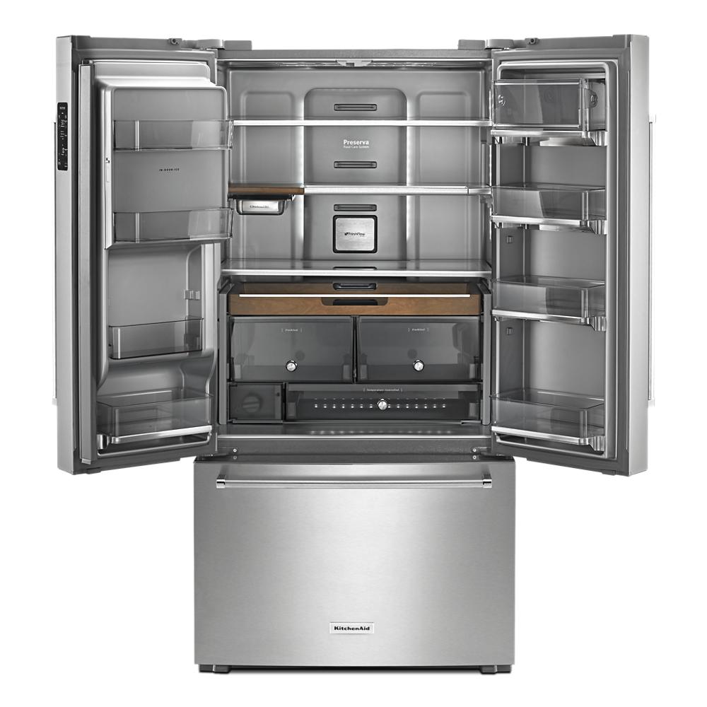 Refrigerador francés con dispensador de hielo y agua de 23.8 pies cúbicos con puerta francesa de 3 puertas y profundidad de mostrador de KitchenAid (Acero inoxidable con acabado PRINTSHIELD) KRFC704FPS