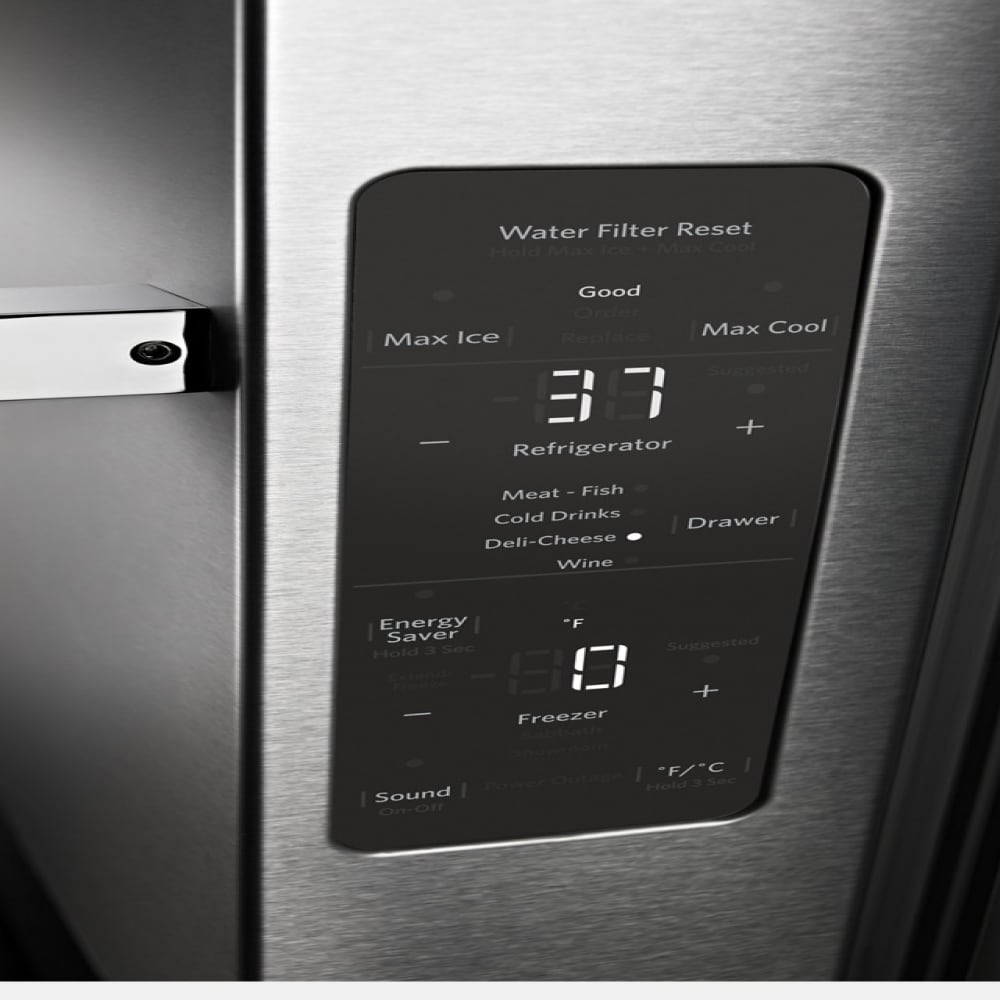 Refrigerador francés con dispensador de hielo y agua de 23.8 pies cúbicos con puerta francesa de 3 puertas y profundidad de mostrador de KitchenAid (Acero inoxidable con acabado PRINTSHIELD) KRFC704FPS