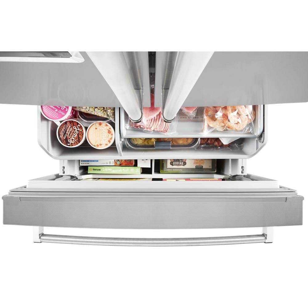 Refrigerador francés con dispensador de hielo y agua de 23.8 pies cúbicos con puerta francesa de 3 puertas y profundidad de mostrador de KitchenAid (Acero inoxidable con acabado PRINTSHIELD) KRFC704FPS