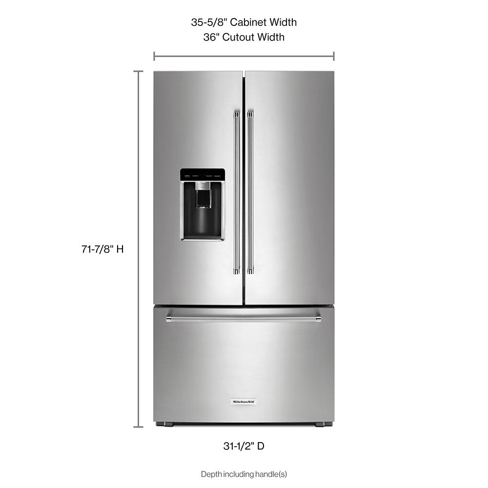 Refrigerador francés con dispensador de hielo y agua de 23.8 pies cúbicos con puerta francesa de 3 puertas y profundidad de mostrador de KitchenAid (Acero inoxidable con acabado PRINTSHIELD) KRFC704FPS
