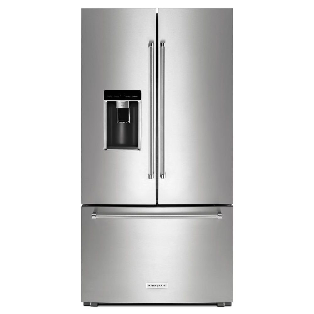 Refrigerador francés con dispensador de hielo y agua de 23.8 pies cúbicos con puerta francesa de 3 puertas y profundidad de mostrador de KitchenAid (Acero inoxidable con acabado PRINTSHIELD) KRFC704FPS