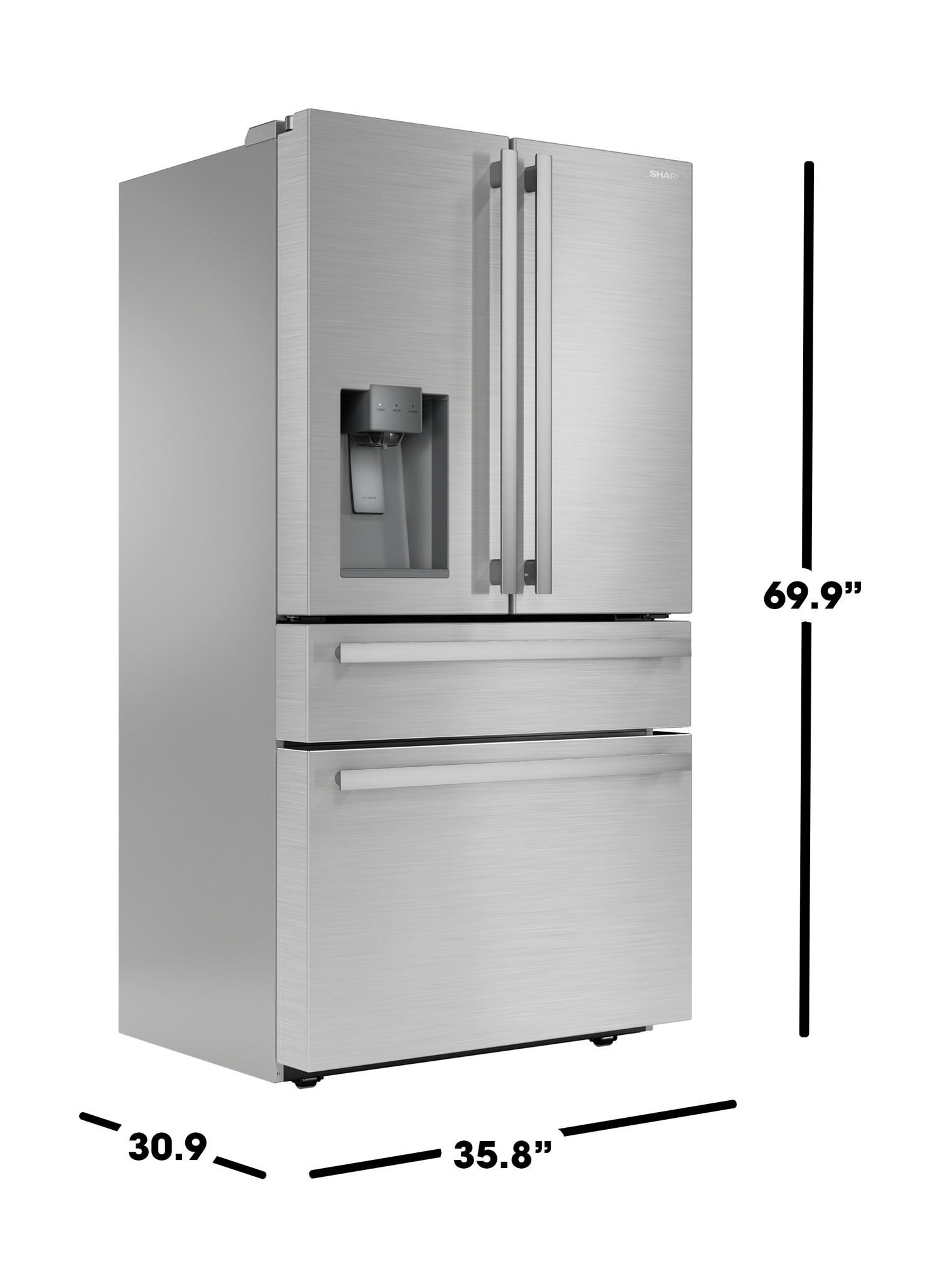 Refrigerador francés de 4 puertas Sharp de 21.6 pies cúbicos con dispensador de hielo y agua (acero inoxidable) certificado ENERGY STAR y profundidad de mostrador