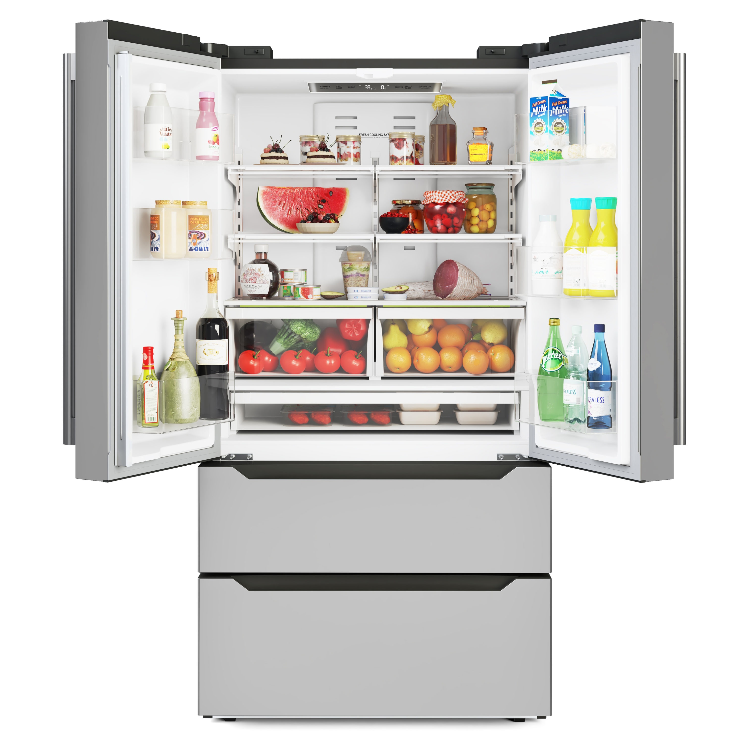 Refrigerador francés de 4 puertas con fabricador de hielo y acabado de acero inoxidable de KoolMore de 22.5 pies cúbicos de profundidad de mostrador