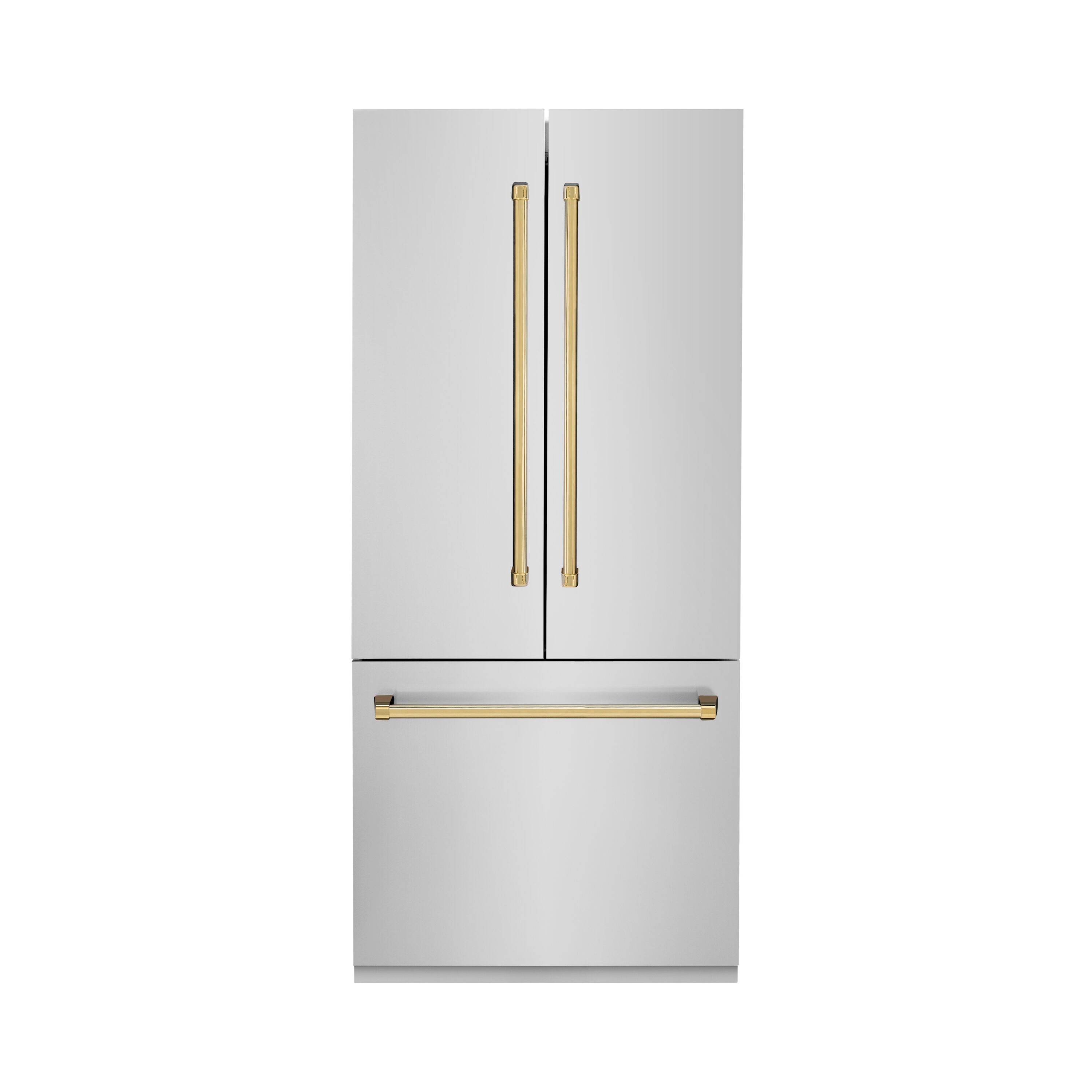 Refrigerador empotrado de puertas francesas de 3 puertas con dispensador de hielo y agua (Acero inoxidable con manijas de oro pulido) Edición Autógrafo de ZLINE COCINA Y BAÑO, certificado ENERGY STAR, 19.6 pies cúbicos de profundidad de mostrador.