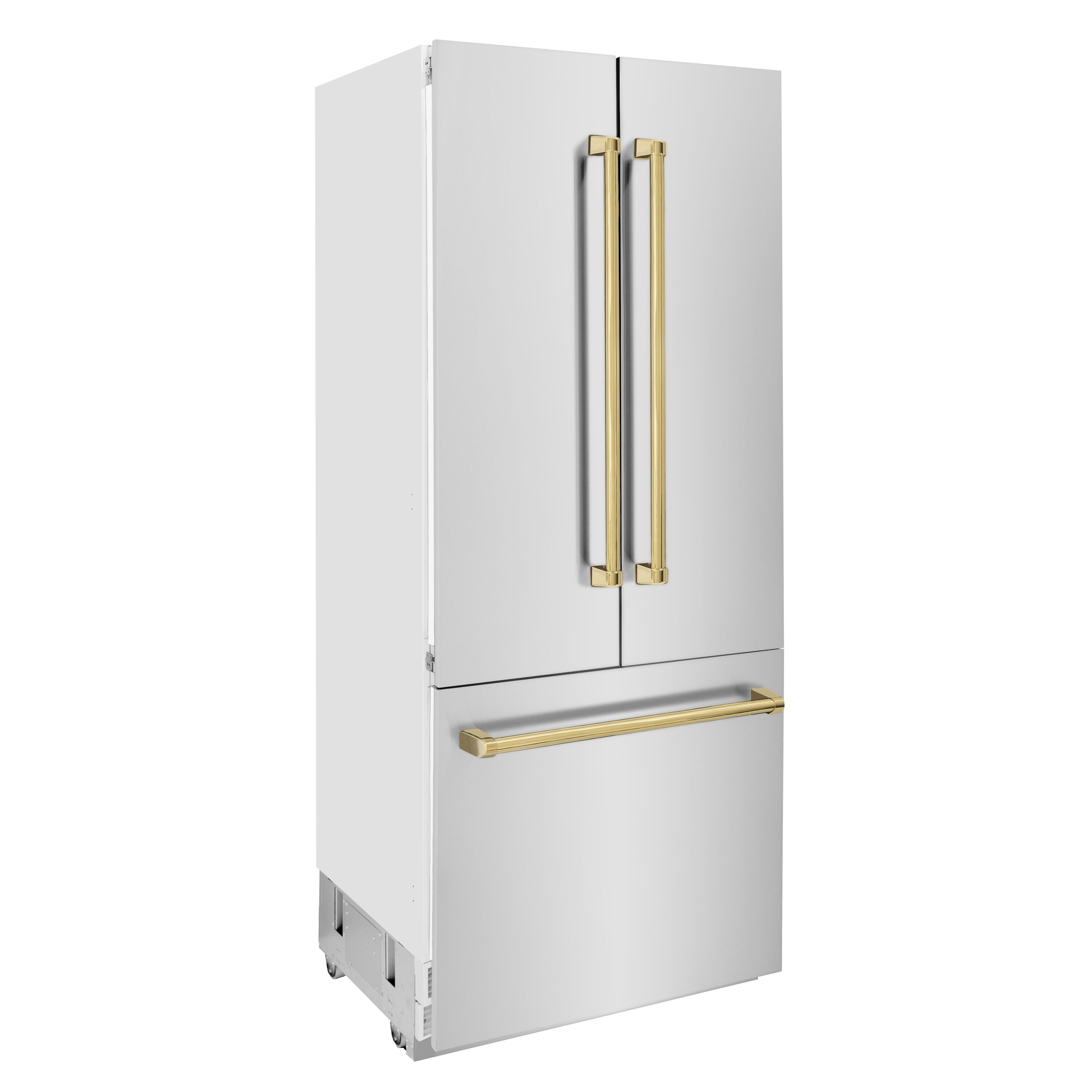Refrigerador empotrado de puertas francesas de 3 puertas con dispensador de hielo y agua (Acero inoxidable con manijas de oro pulido) Edición Autógrafo de ZLINE COCINA Y BAÑO, certificado ENERGY STAR, 19.6 pies cúbicos de profundidad de mostrador.
