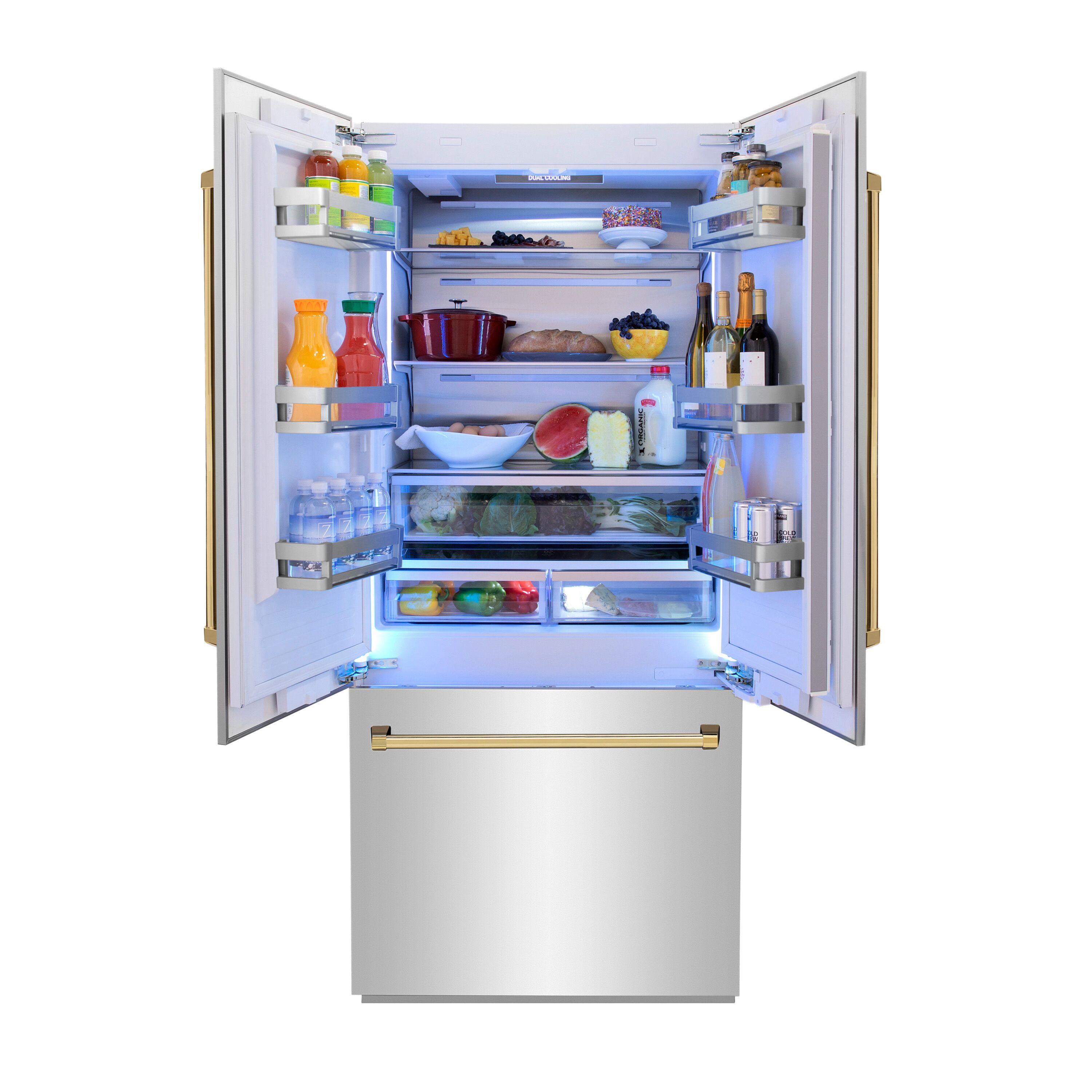 Refrigerador empotrado de puertas francesas de 3 puertas con dispensador de hielo y agua (Acero inoxidable con manijas de oro pulido) Edición Autógrafo de ZLINE COCINA Y BAÑO, certificado ENERGY STAR, 19.6 pies cúbicos de profundidad de mostrador.