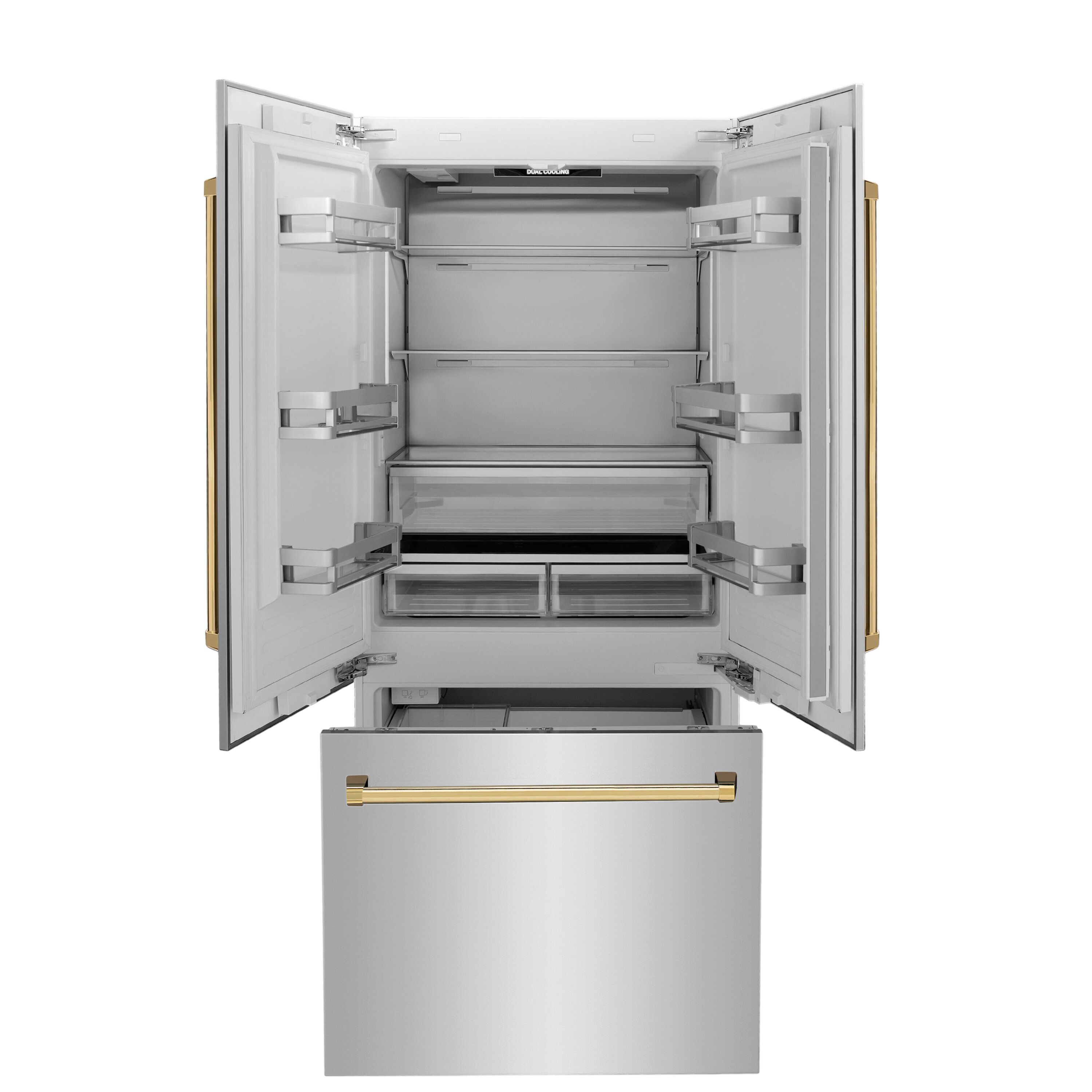 Refrigerador empotrado de puertas francesas de 3 puertas con dispensador de hielo y agua (Acero inoxidable con manijas de oro pulido) Edición Autógrafo de ZLINE COCINA Y BAÑO, certificado ENERGY STAR, 19.6 pies cúbicos de profundidad de mostrador.