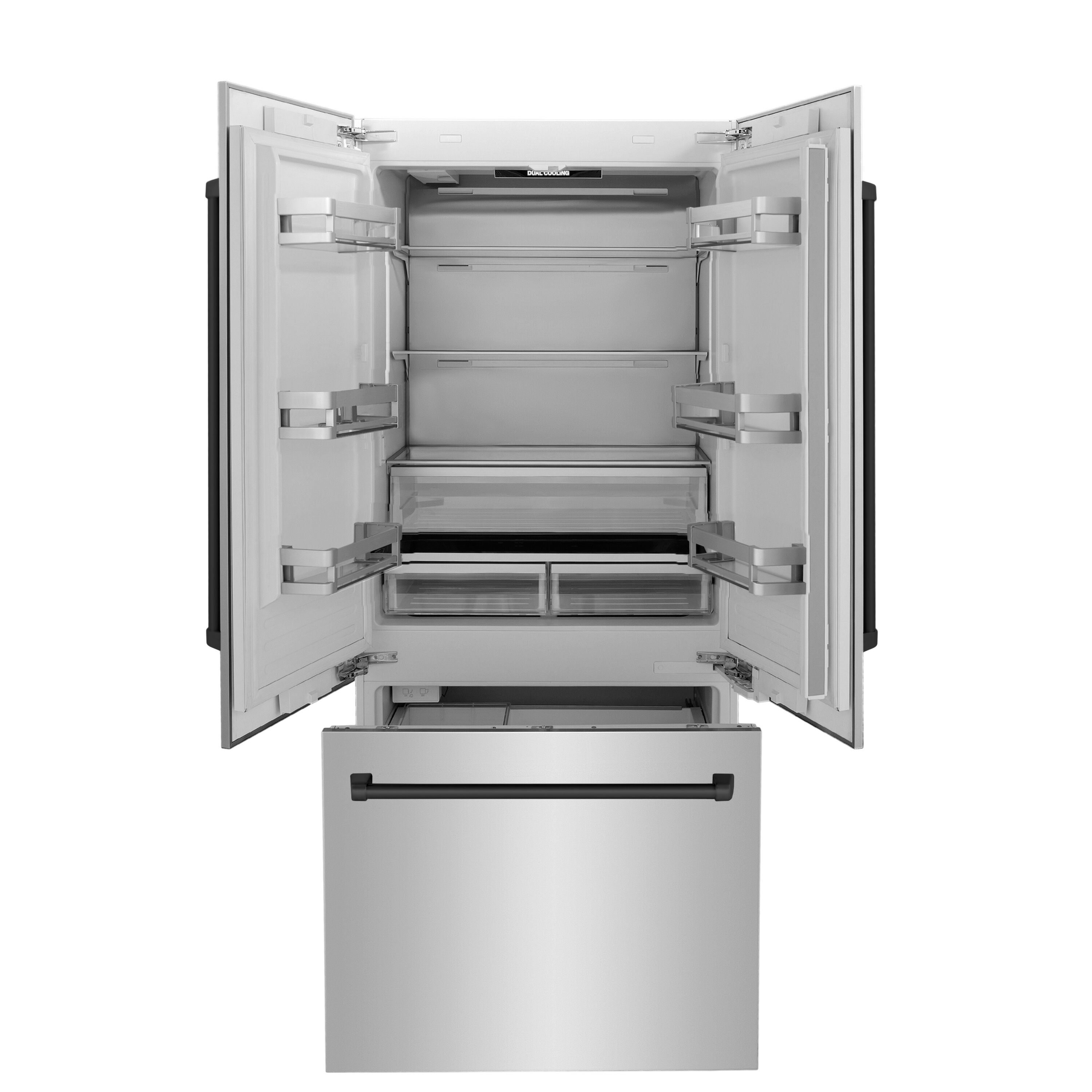 Refrigerador empotrado de 3 puertas estilo francés con dispensador de hielo y agua (acero inoxidable con mangos en negro mate) Edición Autógrafo ZLINE KITCHEN & BATH de 19.6 pies cúbicos de profundidad de mostrador, certificado por ENERGY STAR RBIVZ-304-36-MB.