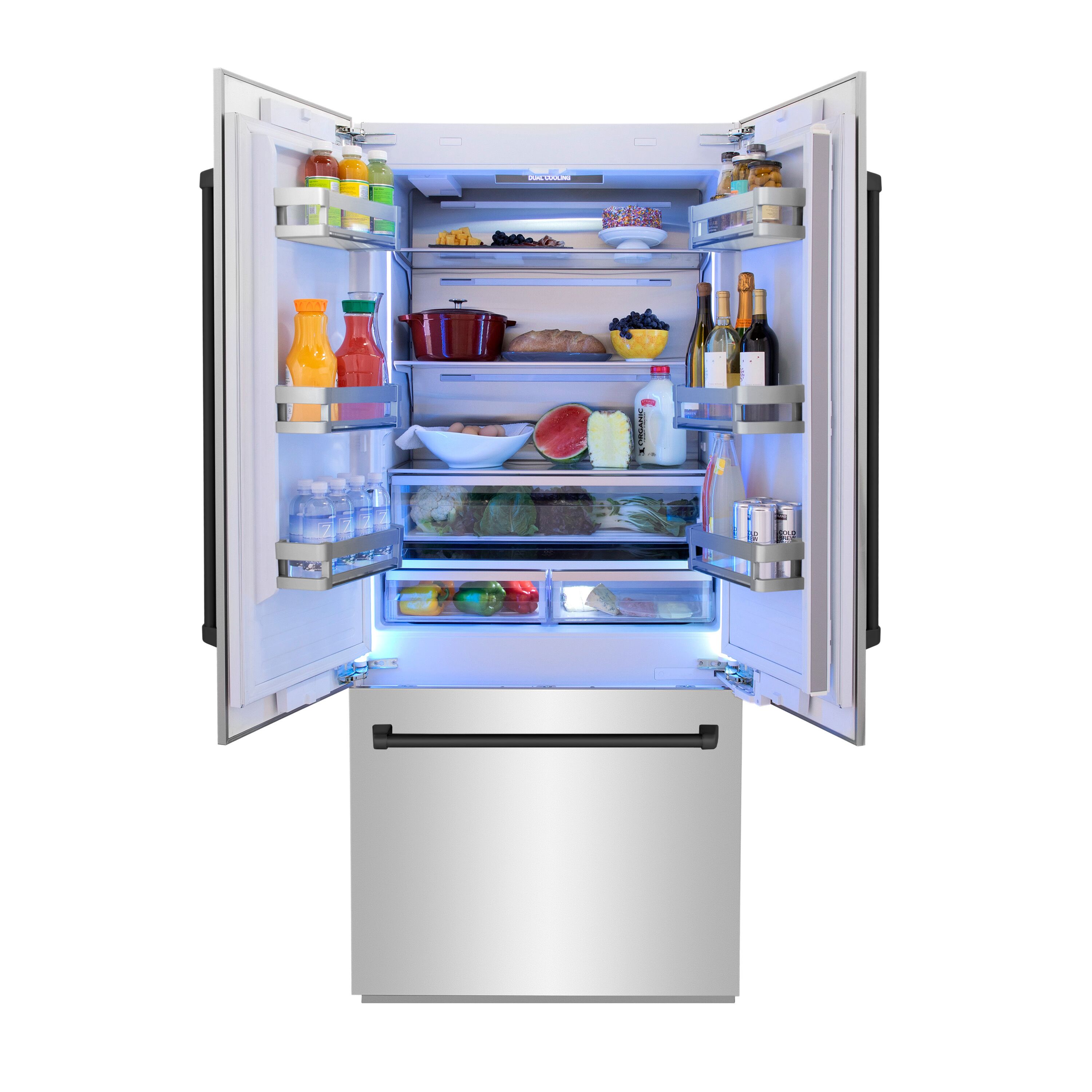 Refrigerador empotrado de 3 puertas estilo francés con dispensador de hielo y agua (acero inoxidable con mangos en negro mate) Edición Autógrafo ZLINE KITCHEN & BATH de 19.6 pies cúbicos de profundidad de mostrador, certificado por ENERGY STAR RBIVZ-304-36-MB.