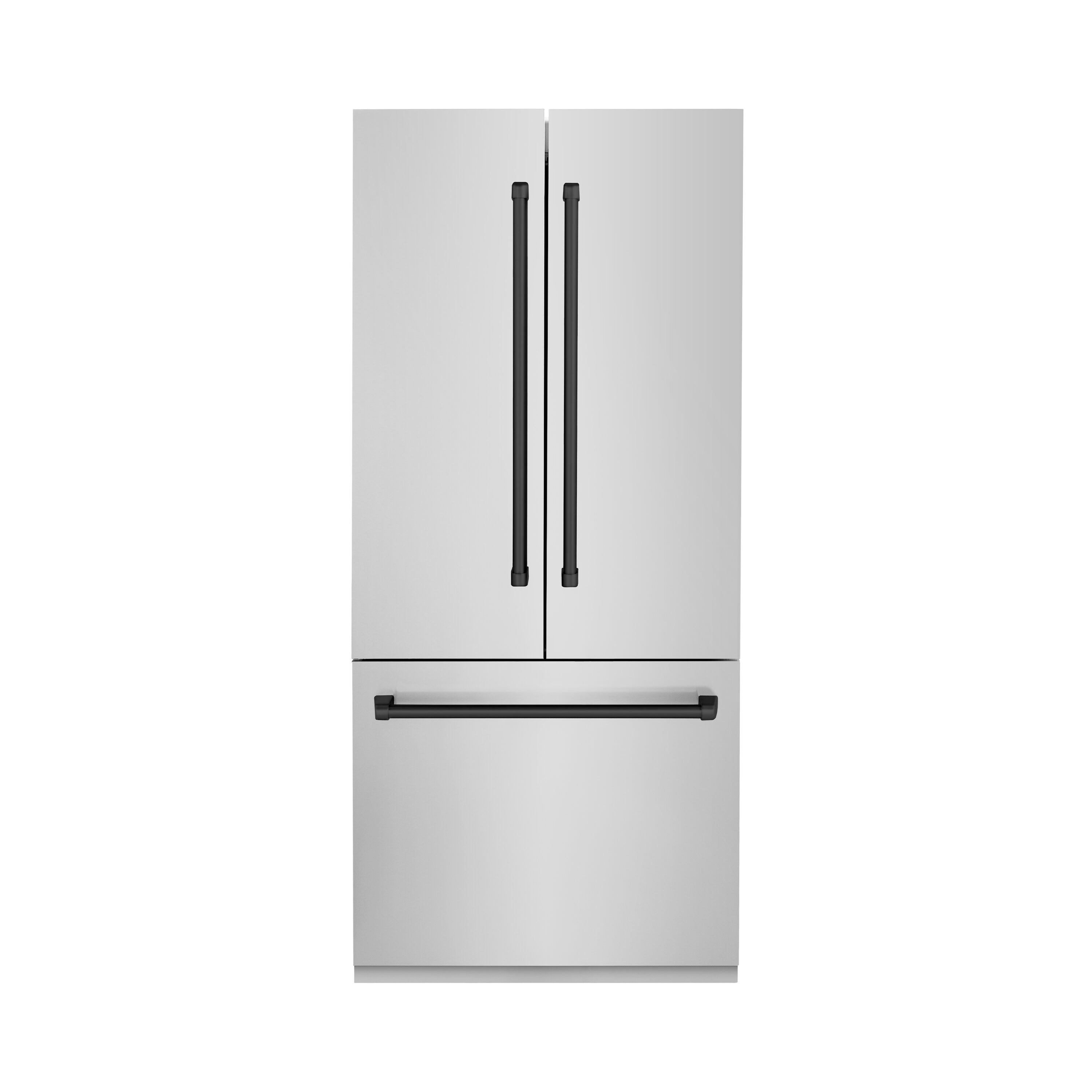 Refrigerador empotrado de 3 puertas estilo francés con dispensador de hielo y agua (acero inoxidable con mangos en negro mate) Edición Autógrafo ZLINE KITCHEN & BATH de 19.6 pies cúbicos de profundidad de mostrador, certificado por ENERGY STAR RBIVZ-304-36-MB.