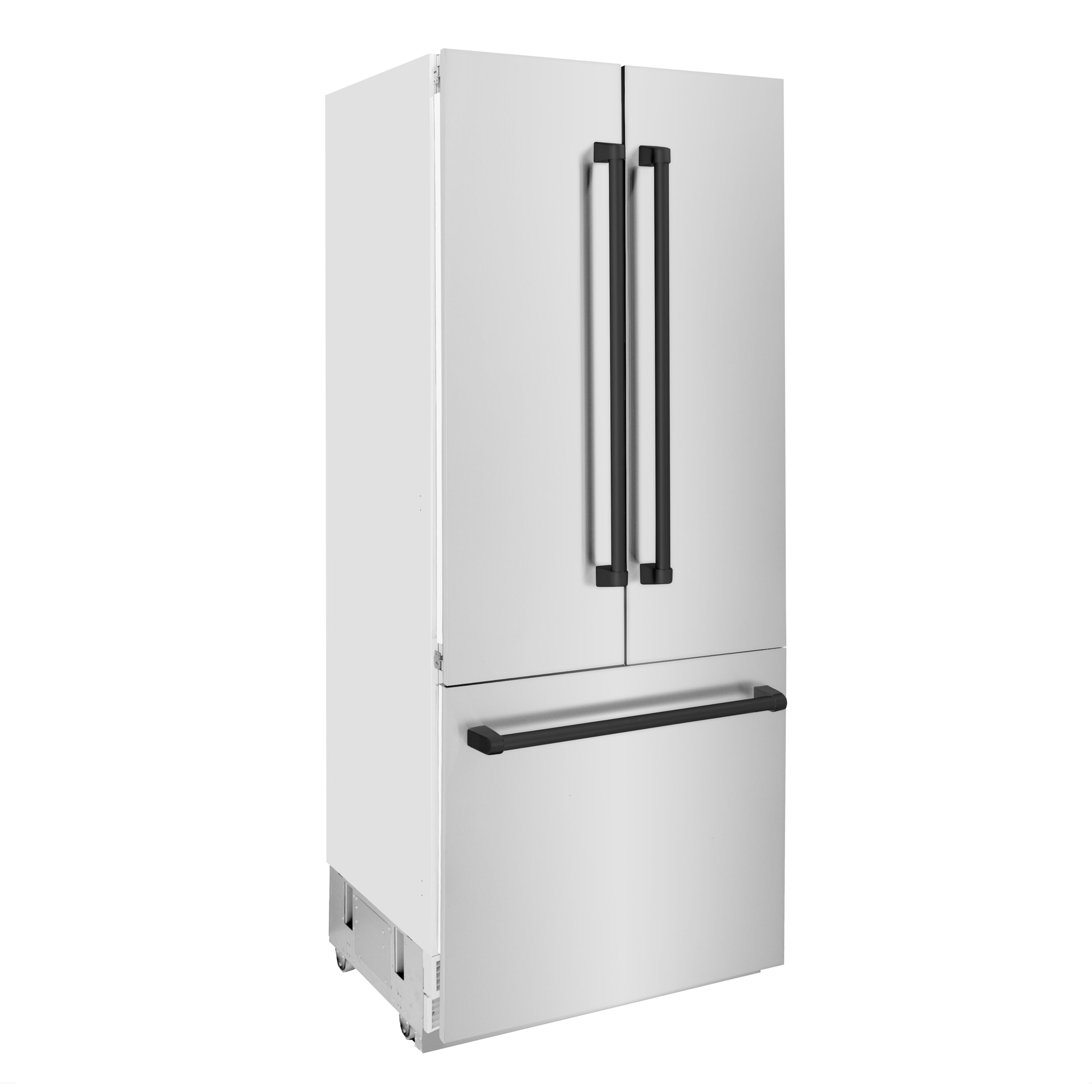 Refrigerador empotrado de 3 puertas estilo francés con dispensador de hielo y agua (acero inoxidable con mangos en negro mate) Edición Autógrafo ZLINE KITCHEN & BATH de 19.6 pies cúbicos de profundidad de mostrador, certificado por ENERGY STAR RBIVZ-304-36-MB.
