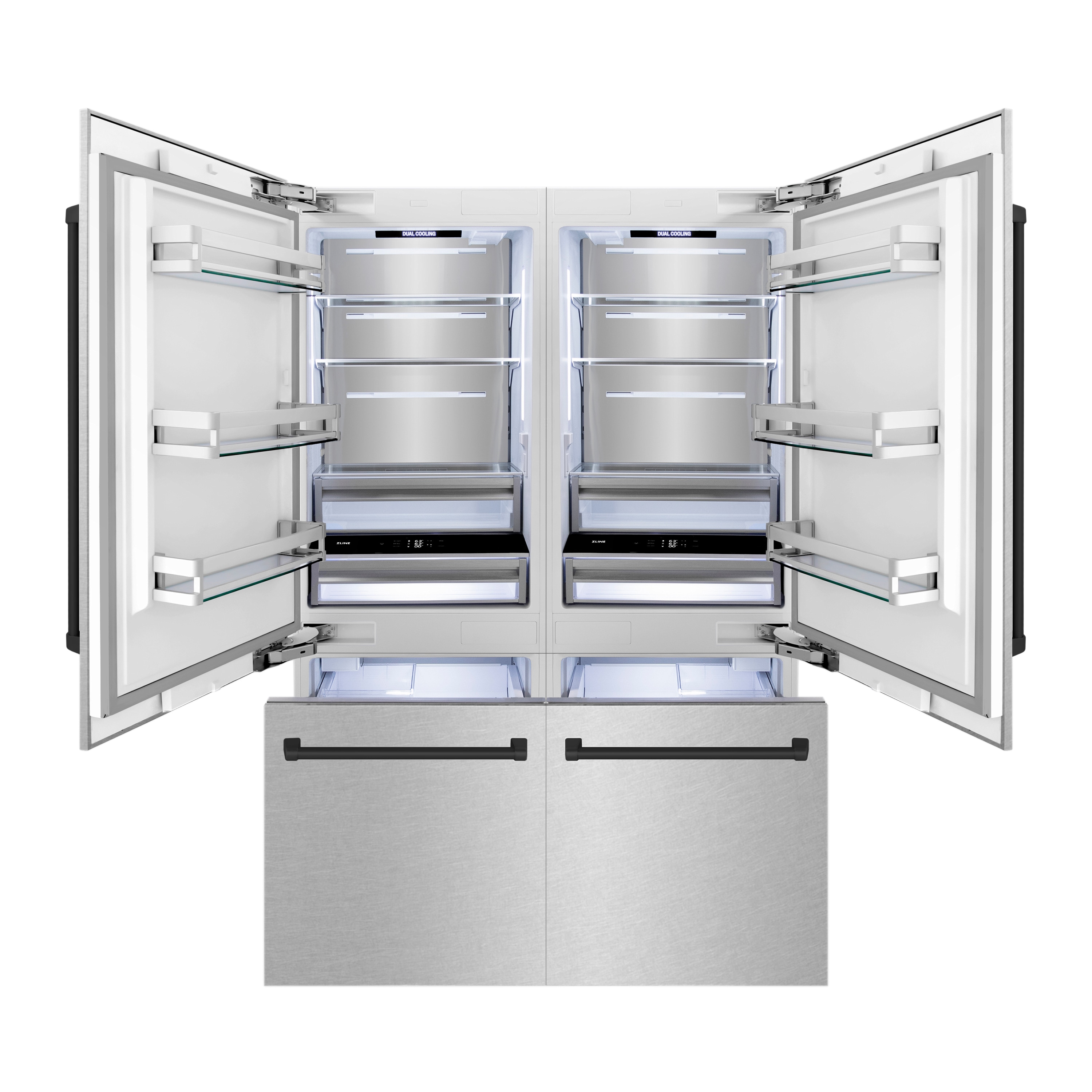 Refrigerador Empotrable de Puerta Francesa de 32.2 pies cúbicos de Profundidad de Mostrador con Fábrica de Hielo y Dispensador de Agua (Acero Inoxidable Resistente a las Huellas Dactilares con Manijas de Acento Negro Mate) Certificado ENERGY STAR