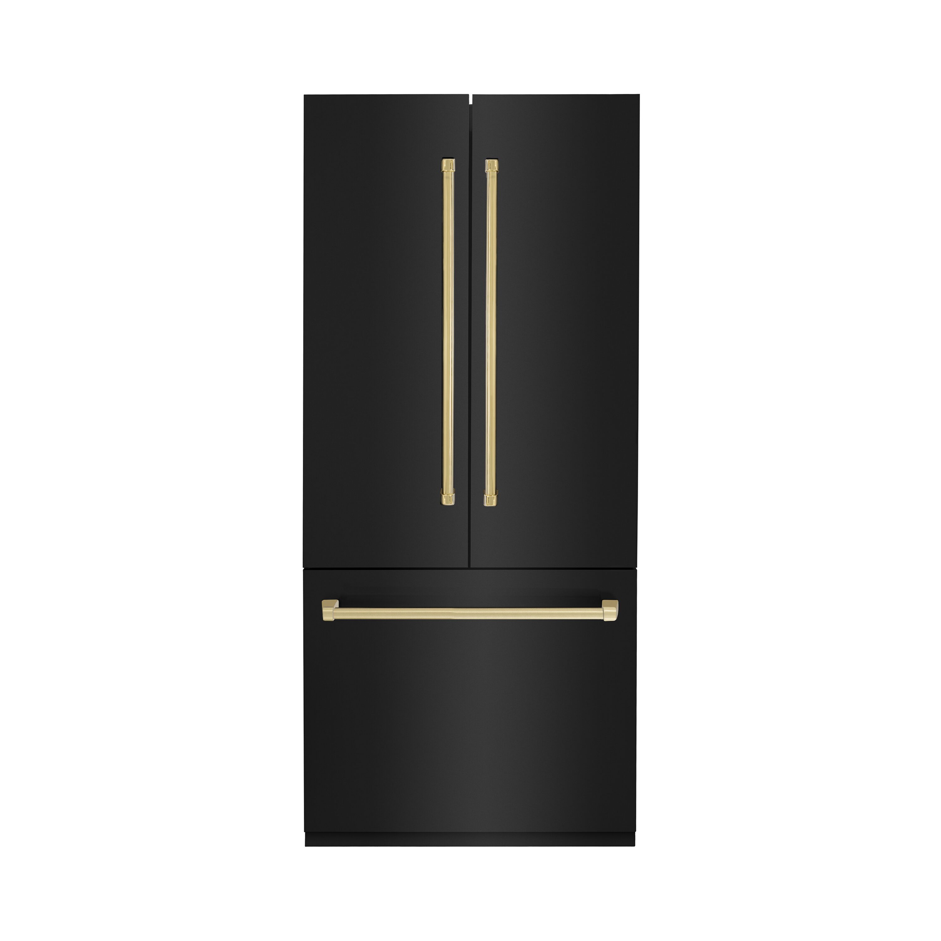 Refrigerador empotrado de puerta francesa ZLINE KITCHEN & BATH de 19.6 pies cúbicos de profundidad de mostrador con dispensador de hielo y agua (acabado en acero inoxidable negro con detalles en oro pulido) ENERGY STAR Certificado RBIVZ-BS-36-G