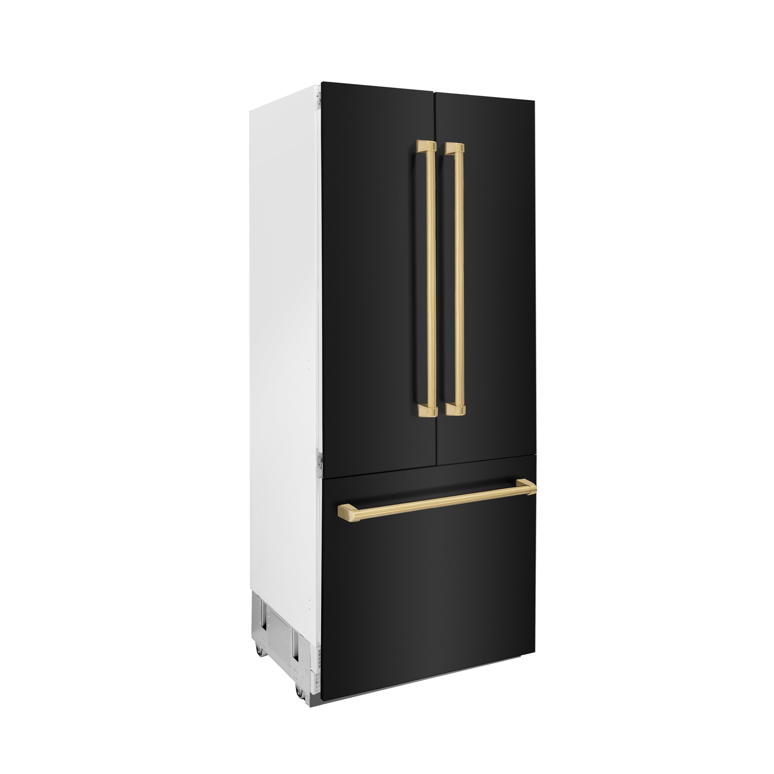 Refrigerador empotrado de puerta francesa ZLINE KITCHEN & BATH de 19.6 pies cúbicos de profundidad de mostrador con dispensador de hielo y agua (acabado en acero inoxidable negro con detalles en oro pulido) ENERGY STAR Certificado RBIVZ-BS-36-G