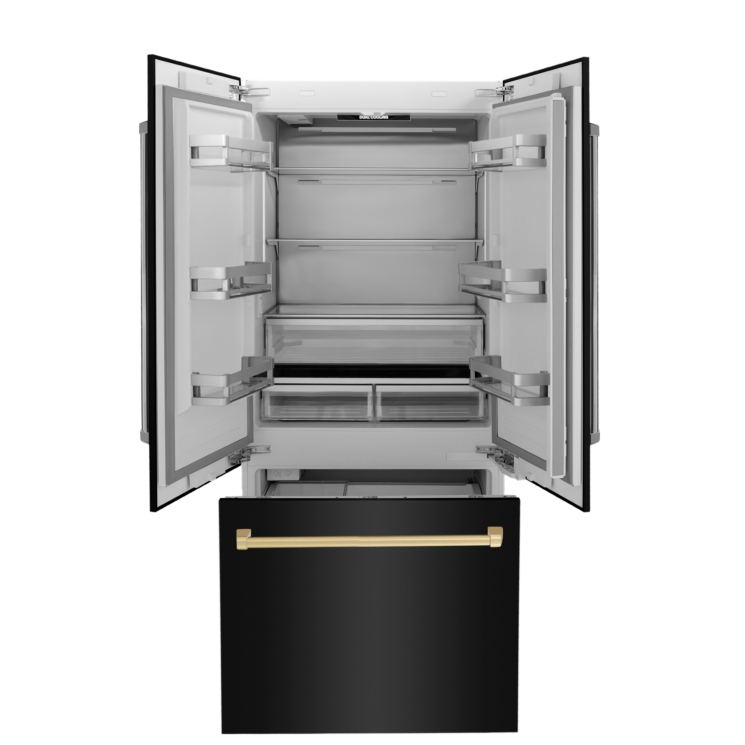 Refrigerador empotrado de puerta francesa ZLINE KITCHEN & BATH de 19.6 pies cúbicos de profundidad de mostrador con dispensador de hielo y agua (acabado en acero inoxidable negro con detalles en oro pulido) ENERGY STAR Certificado RBIVZ-BS-36-G