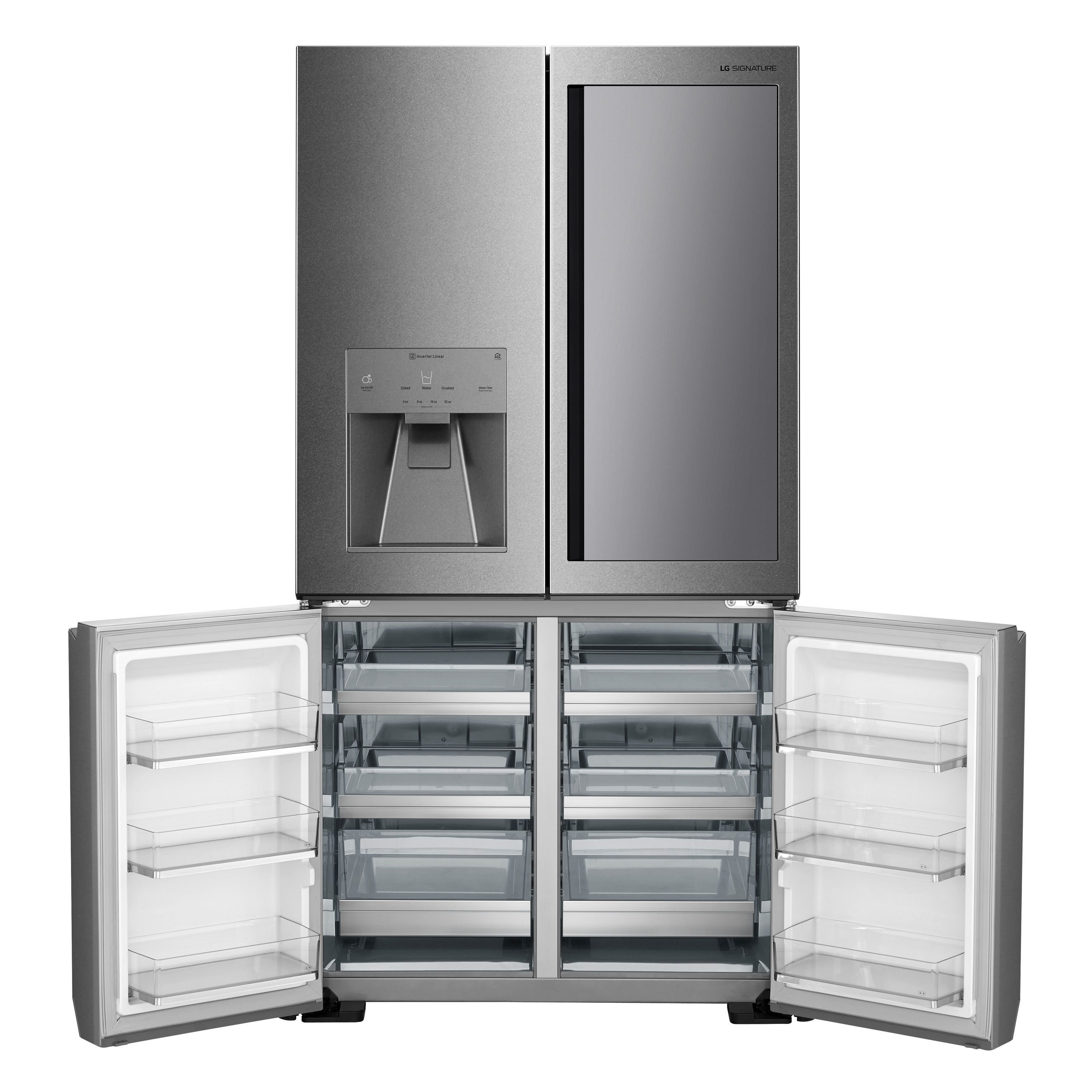 Refrigerador de puertas francesas LG SIGNATURE Counter-Depth InstaView de 22.8 pies cúbicos con fabricador de hielo, dispensador de agua y hielo, y puerta dentro de puerta (Acero Texturizado) compatible con tecnología inteligente de 4 puertas y certificado ENERGY STAR URNTC2306N