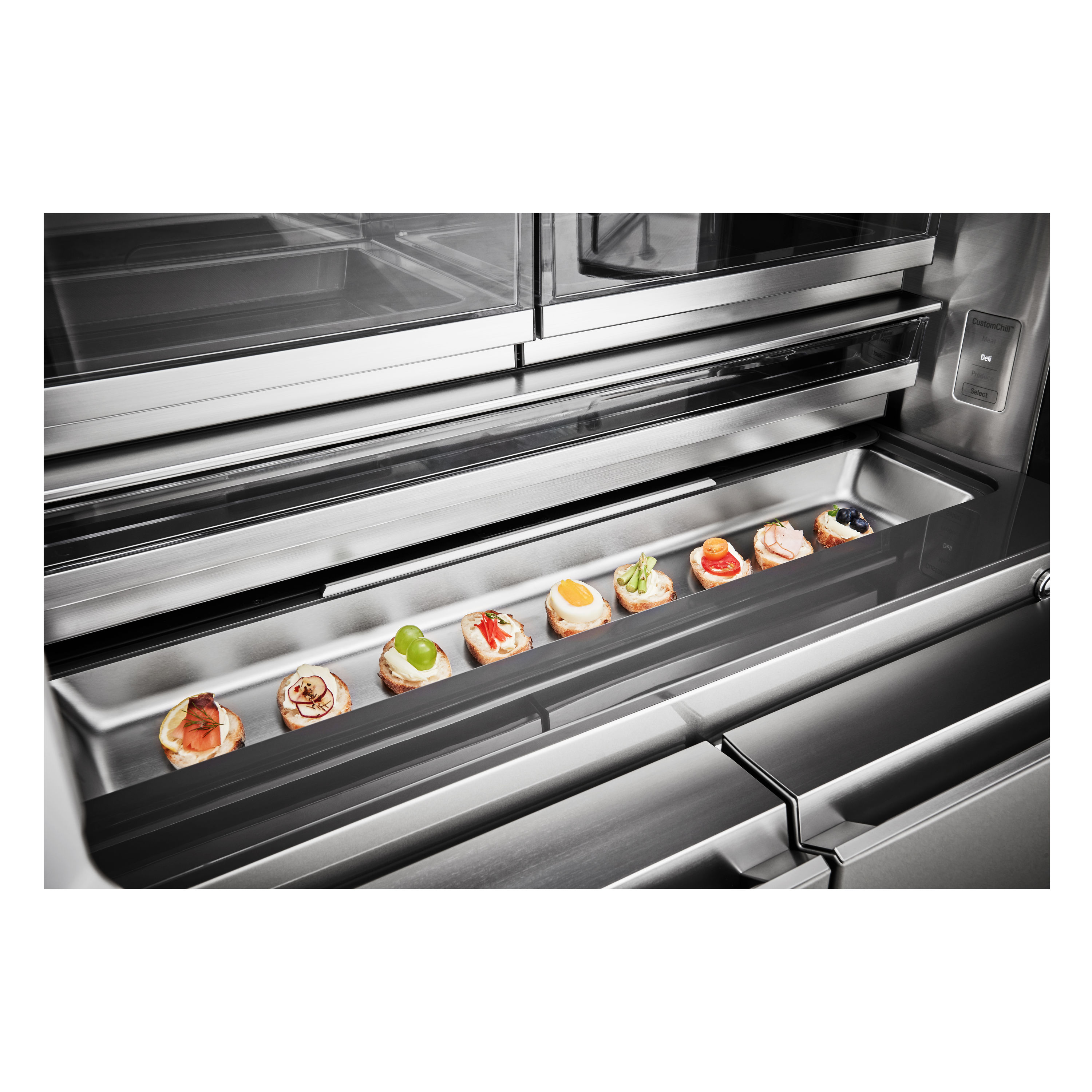 Refrigerador de puertas francesas LG SIGNATURE Counter-Depth InstaView de 22.8 pies cúbicos con fabricador de hielo, dispensador de agua y hielo, y puerta dentro de puerta (Acero Texturizado) compatible con tecnología inteligente de 4 puertas y certificado ENERGY STAR URNTC2306N