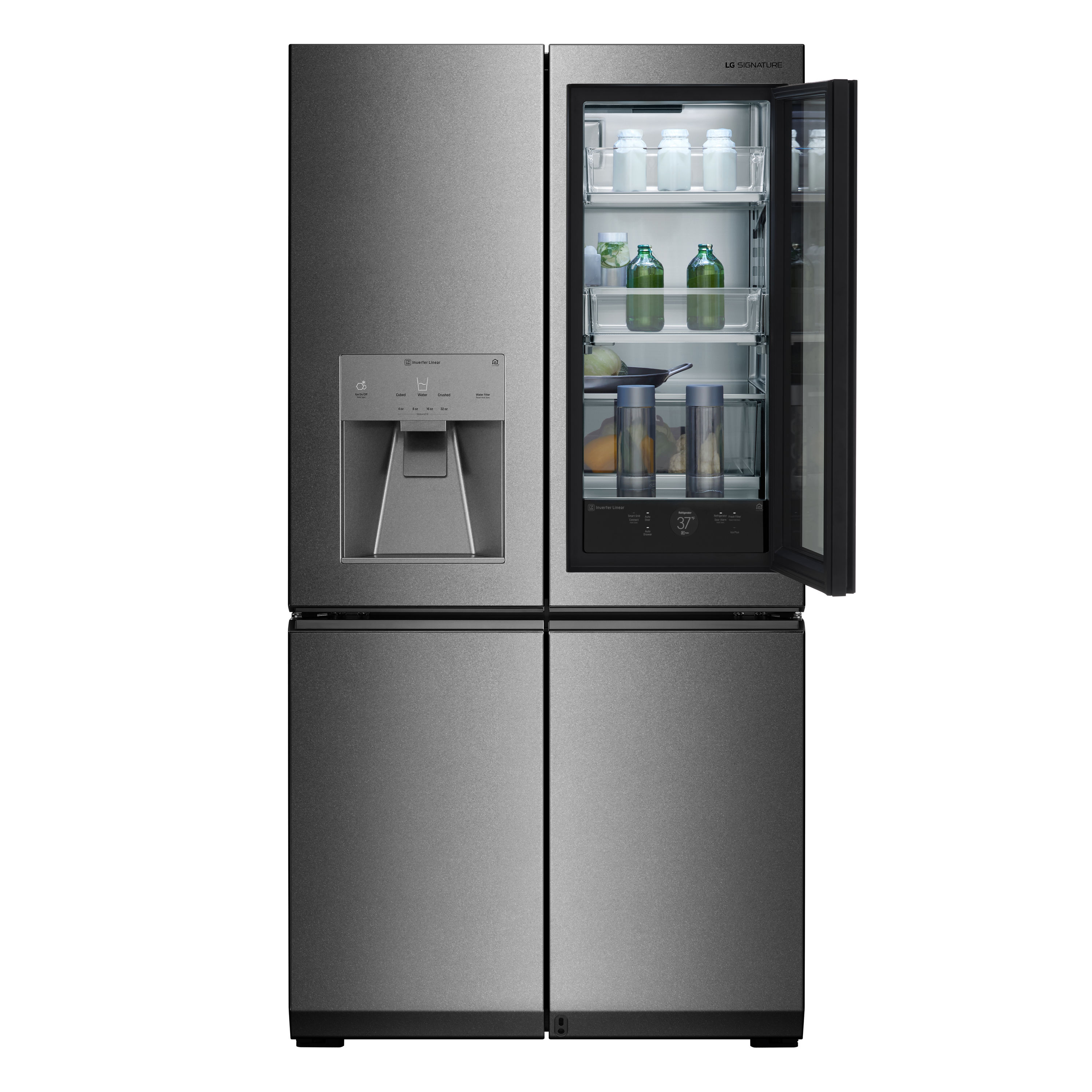 Refrigerador de puertas francesas LG SIGNATURE Counter-Depth InstaView de 22.8 pies cúbicos con fabricador de hielo, dispensador de agua y hielo, y puerta dentro de puerta (Acero Texturizado) compatible con tecnología inteligente de 4 puertas y certificado ENERGY STAR URNTC2306N