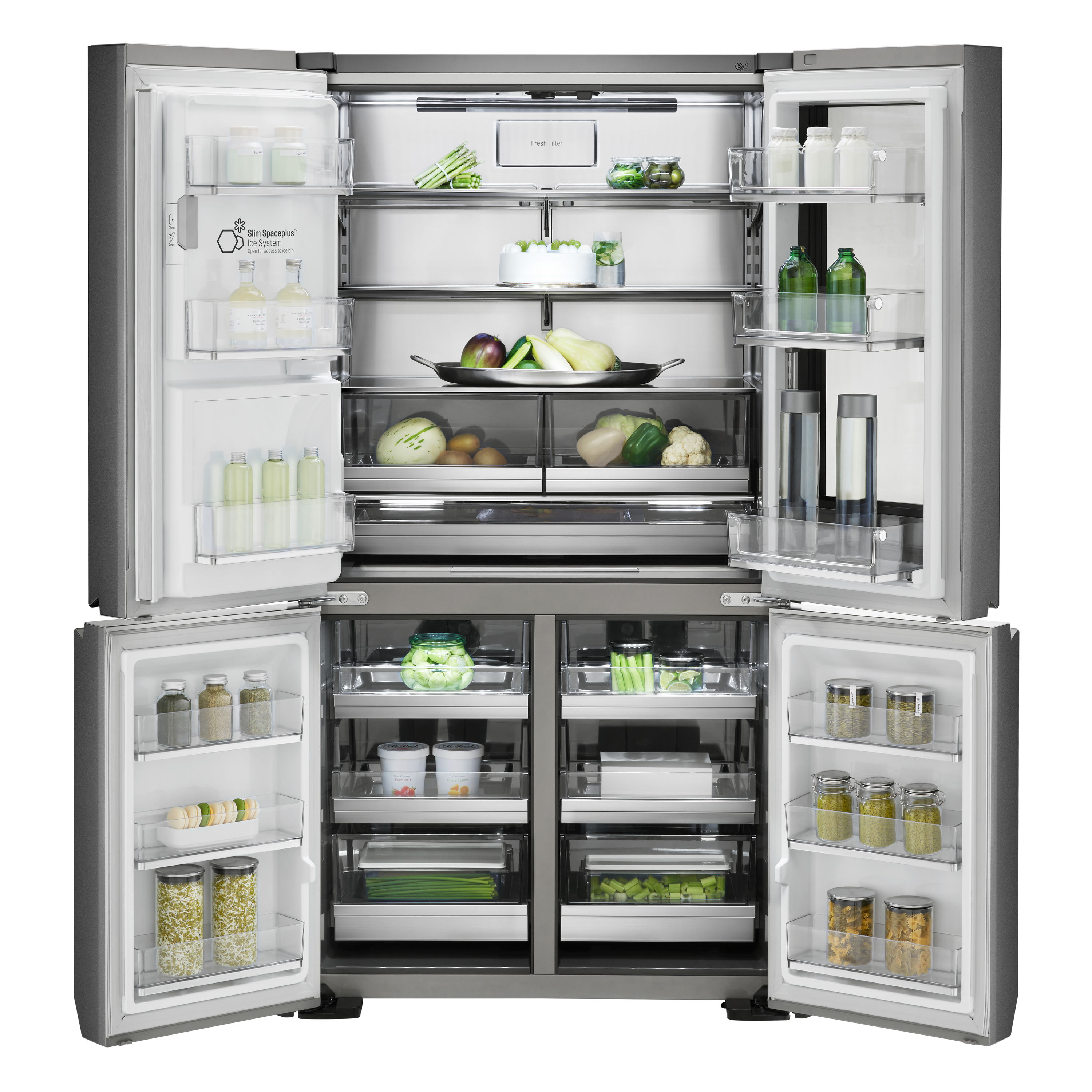 Refrigerador de puertas francesas LG SIGNATURE Counter-Depth InstaView de 22.8 pies cúbicos con fabricador de hielo, dispensador de agua y hielo, y puerta dentro de puerta (Acero Texturizado) compatible con tecnología inteligente de 4 puertas y certificado ENERGY STAR URNTC2306N