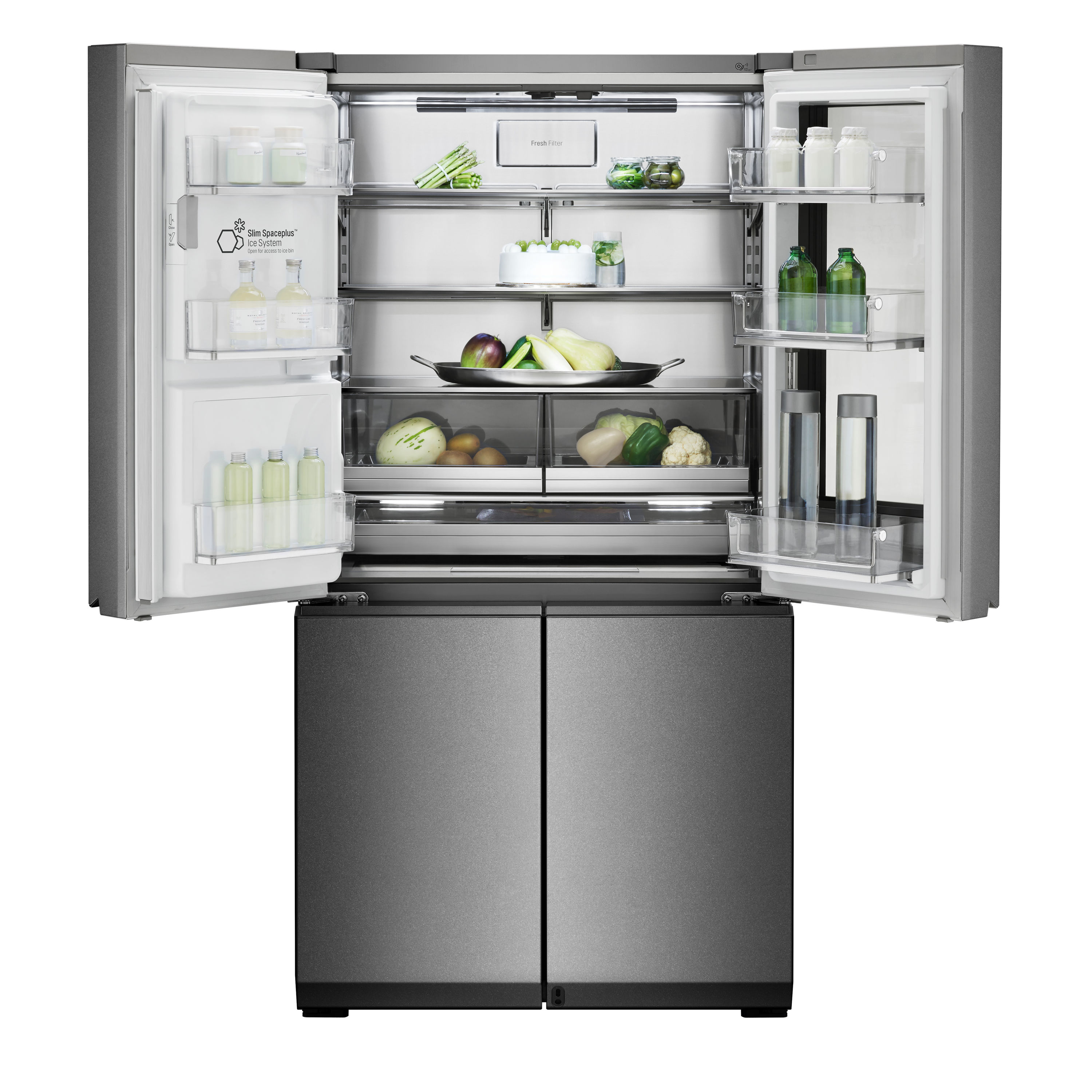 Refrigerador de puertas francesas LG SIGNATURE Counter-Depth InstaView de 22.8 pies cúbicos con fabricador de hielo, dispensador de agua y hielo, y puerta dentro de puerta (Acero Texturizado) compatible con tecnología inteligente de 4 puertas y certificado ENERGY STAR URNTC2306N