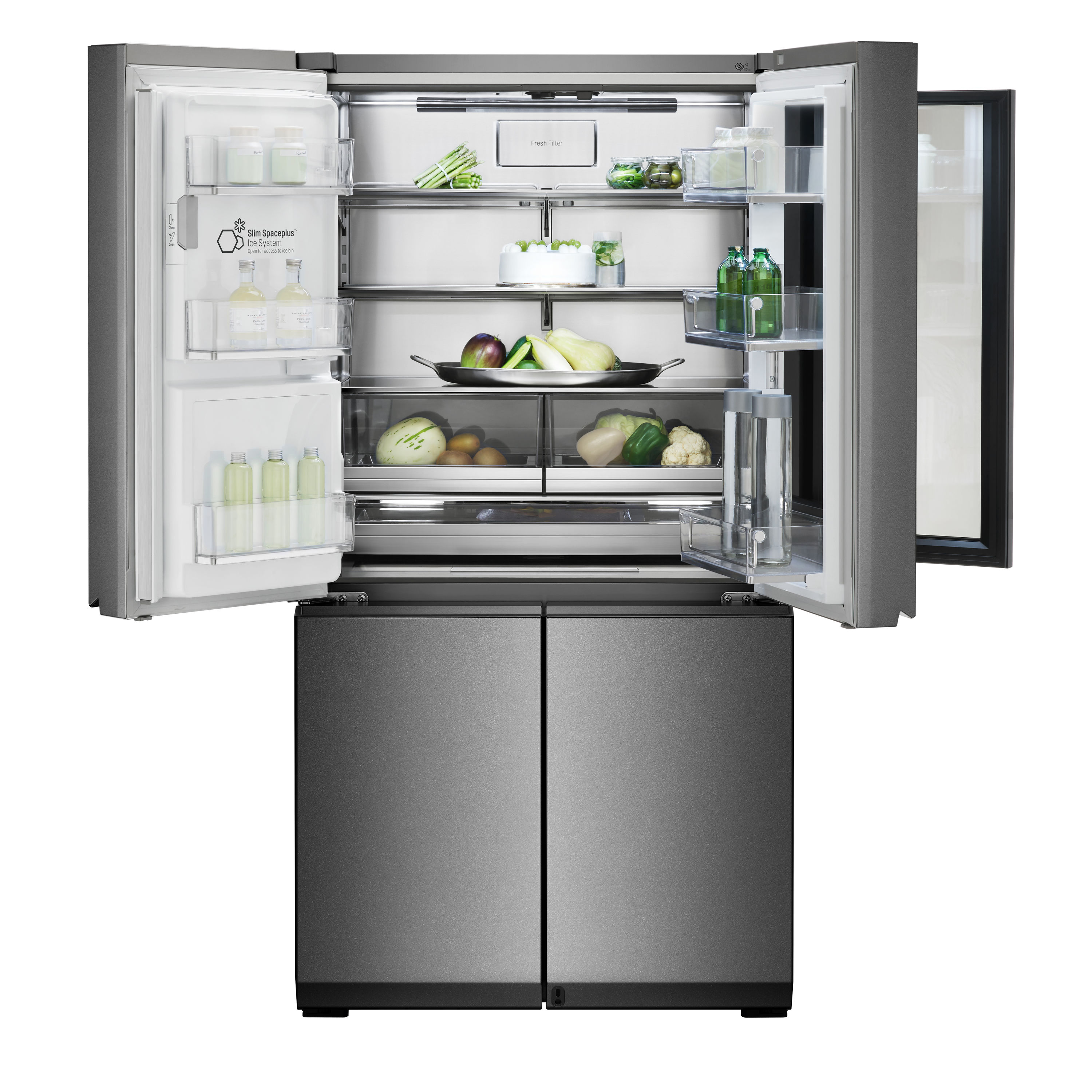 Refrigerador de puertas francesas LG SIGNATURE Counter-Depth InstaView de 22.8 pies cúbicos con fabricador de hielo, dispensador de agua y hielo, y puerta dentro de puerta (Acero Texturizado) compatible con tecnología inteligente de 4 puertas y certificado ENERGY STAR URNTC2306N