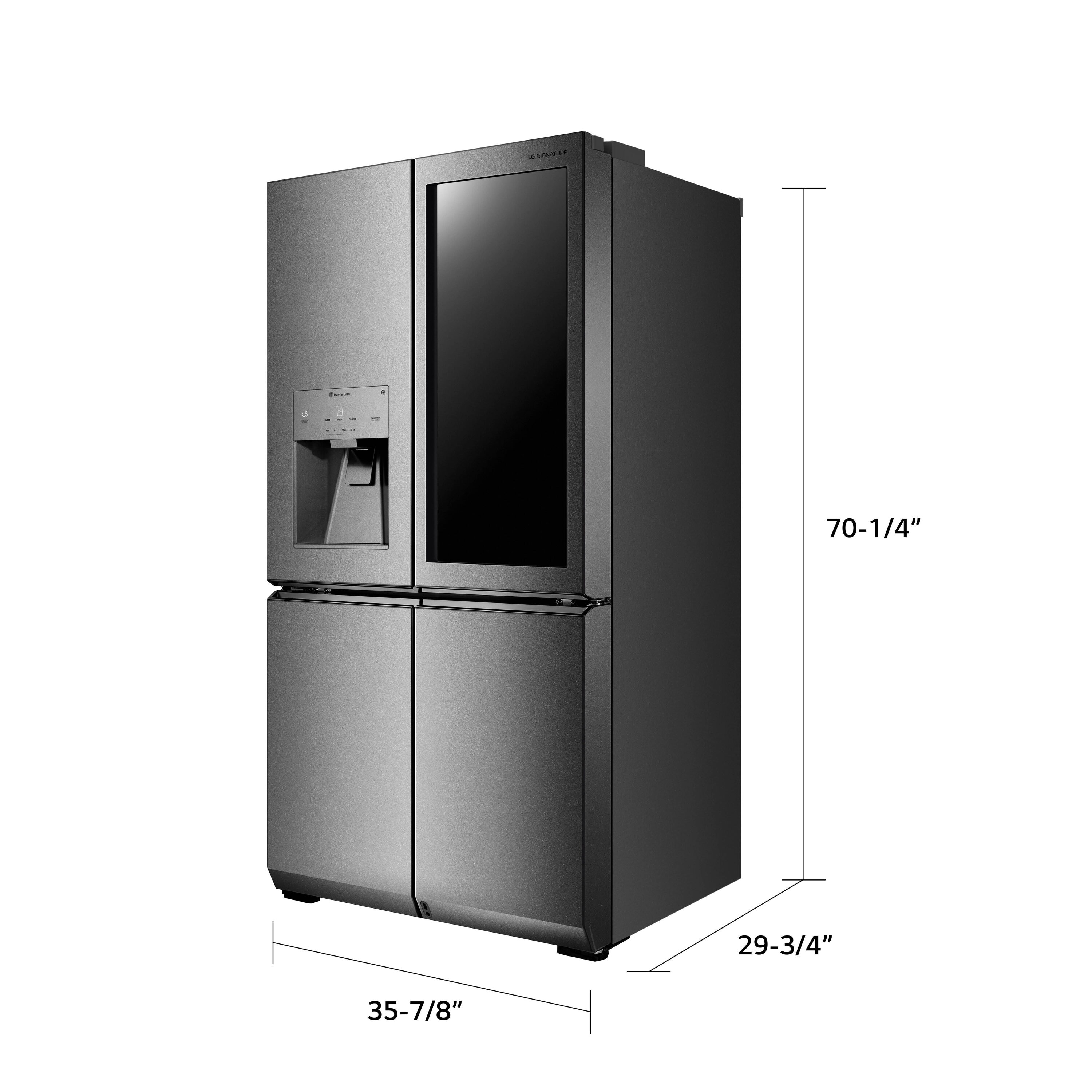 Refrigerador de puertas francesas LG SIGNATURE Counter-Depth InstaView de 22.8 pies cúbicos con fabricador de hielo, dispensador de agua y hielo, y puerta dentro de puerta (Acero Texturizado) compatible con tecnología inteligente de 4 puertas y certificado ENERGY STAR URNTC2306N
