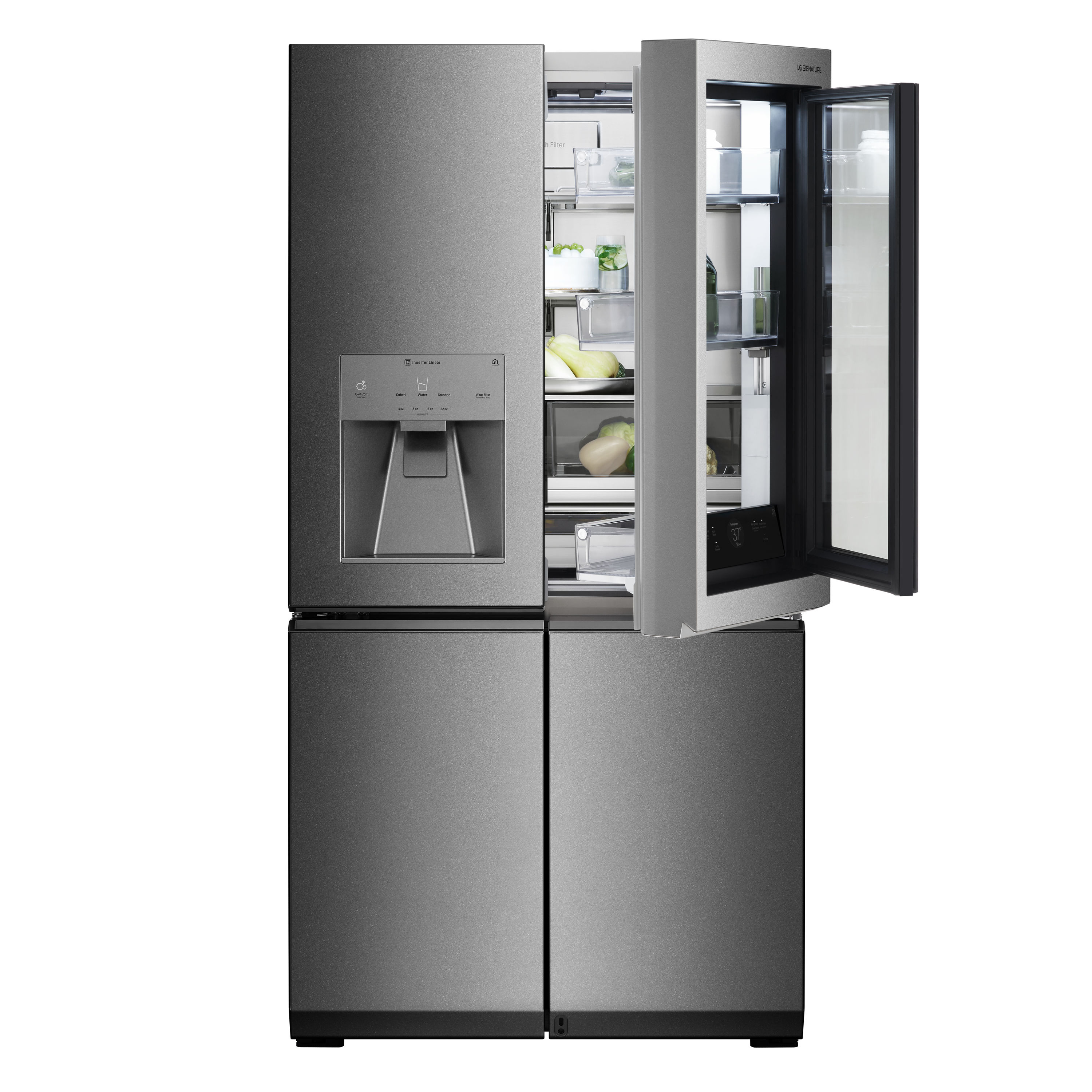 Refrigerador de puertas francesas LG SIGNATURE Counter-Depth InstaView de 22.8 pies cúbicos con fabricador de hielo, dispensador de agua y hielo, y puerta dentro de puerta (Acero Texturizado) compatible con tecnología inteligente de 4 puertas y certificado ENERGY STAR URNTC2306N