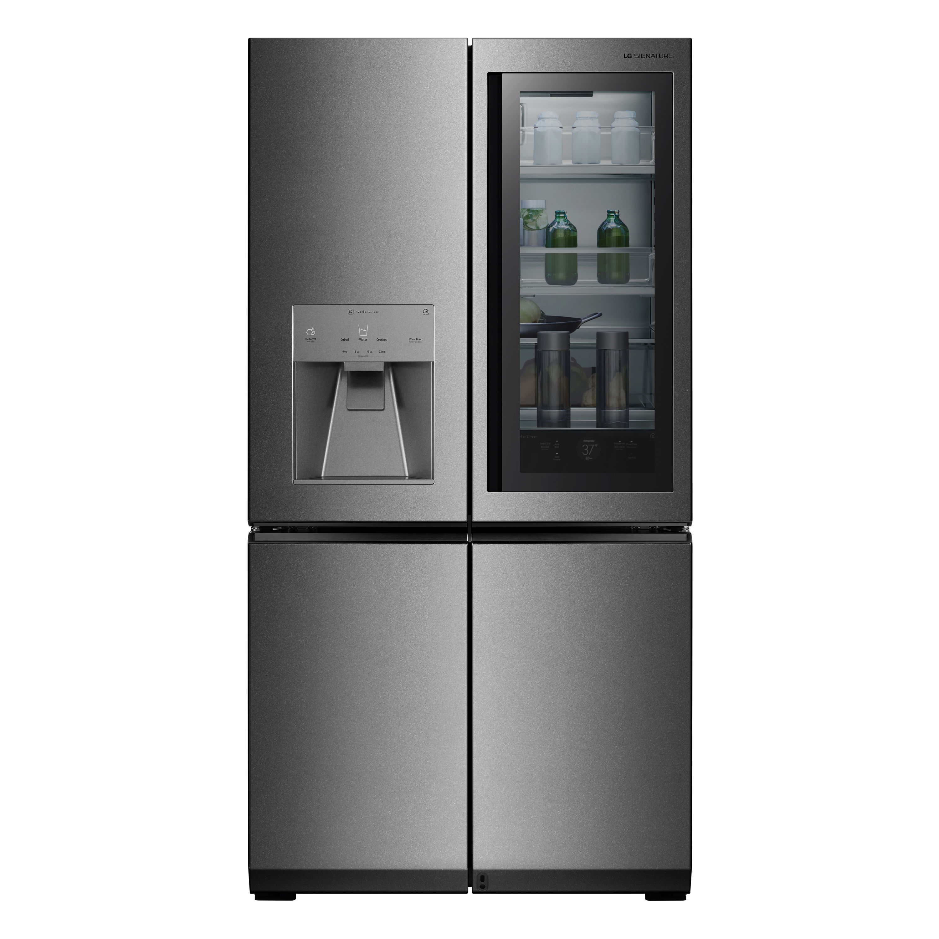 Refrigerador de puertas francesas LG SIGNATURE Counter-Depth InstaView de 22.8 pies cúbicos con fabricador de hielo, dispensador de agua y hielo, y puerta dentro de puerta (Acero Texturizado) compatible con tecnología inteligente de 4 puertas y certificado ENERGY STAR URNTC2306N