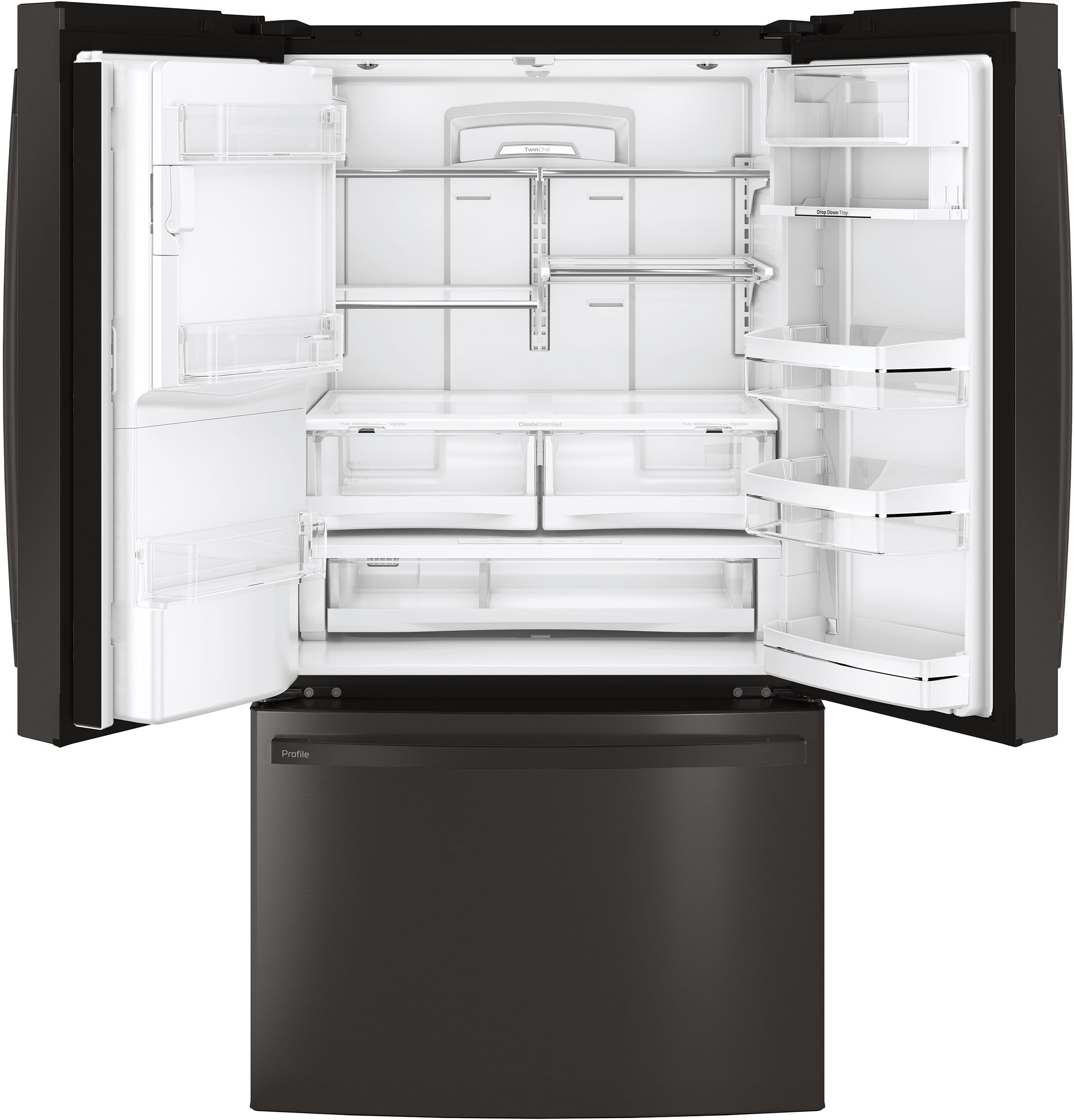 Refrigerador Francés de Tres Puertas con Dispensador de Agua y Hielo (Negro Acero Inoxidable) Certificado por ENERGY STAR - Modelo GE Profile con Capacidad Estándar de 27.8 pies cúbicos