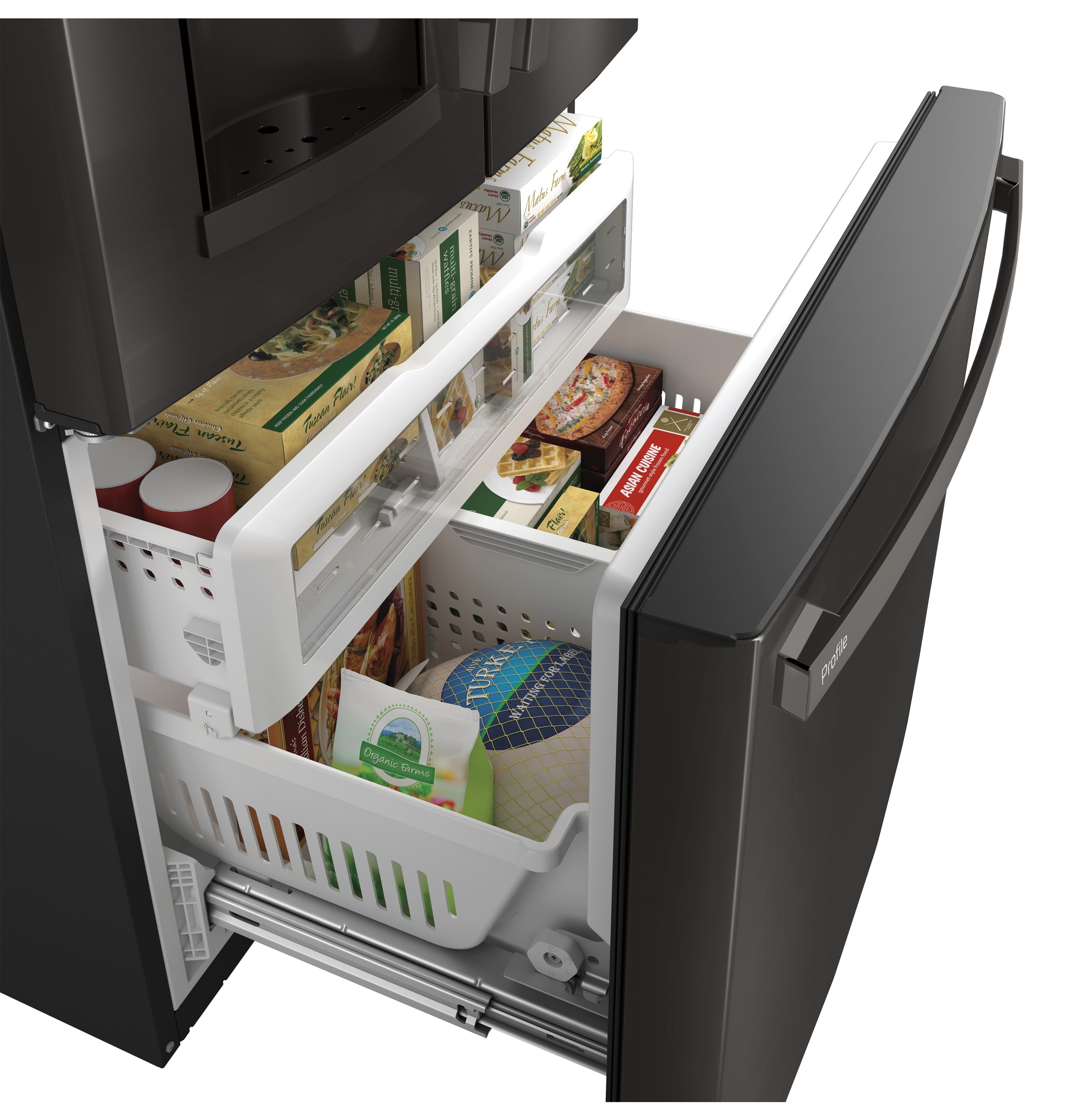 Refrigerador Francés de Tres Puertas con Dispensador de Agua y Hielo (Negro Acero Inoxidable) Certificado por ENERGY STAR - Modelo GE Profile con Capacidad Estándar de 27.8 pies cúbicos