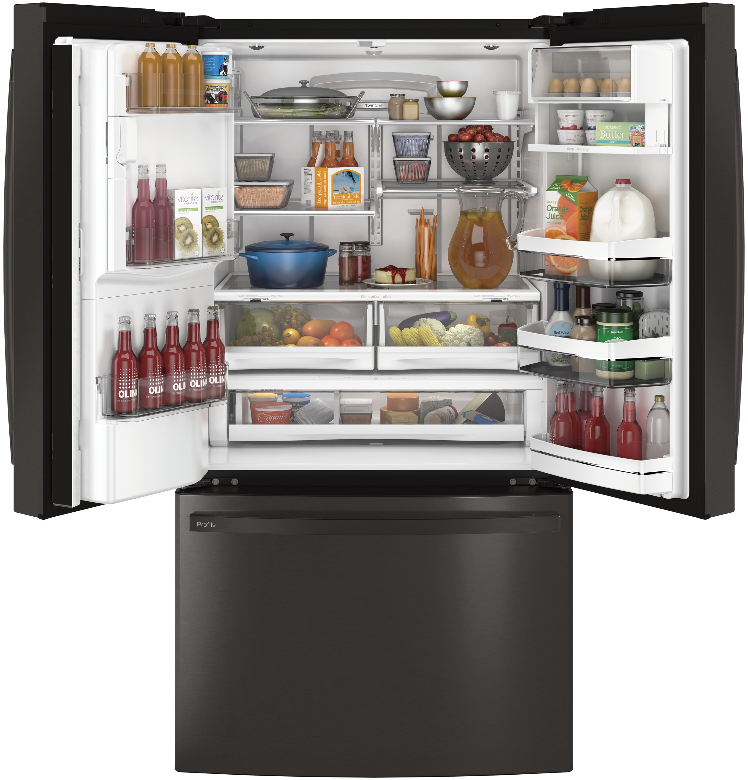 Refrigerador Francés de Tres Puertas con Dispensador de Agua y Hielo (Negro Acero Inoxidable) Certificado por ENERGY STAR - Modelo GE Profile con Capacidad Estándar de 27.8 pies cúbicos
