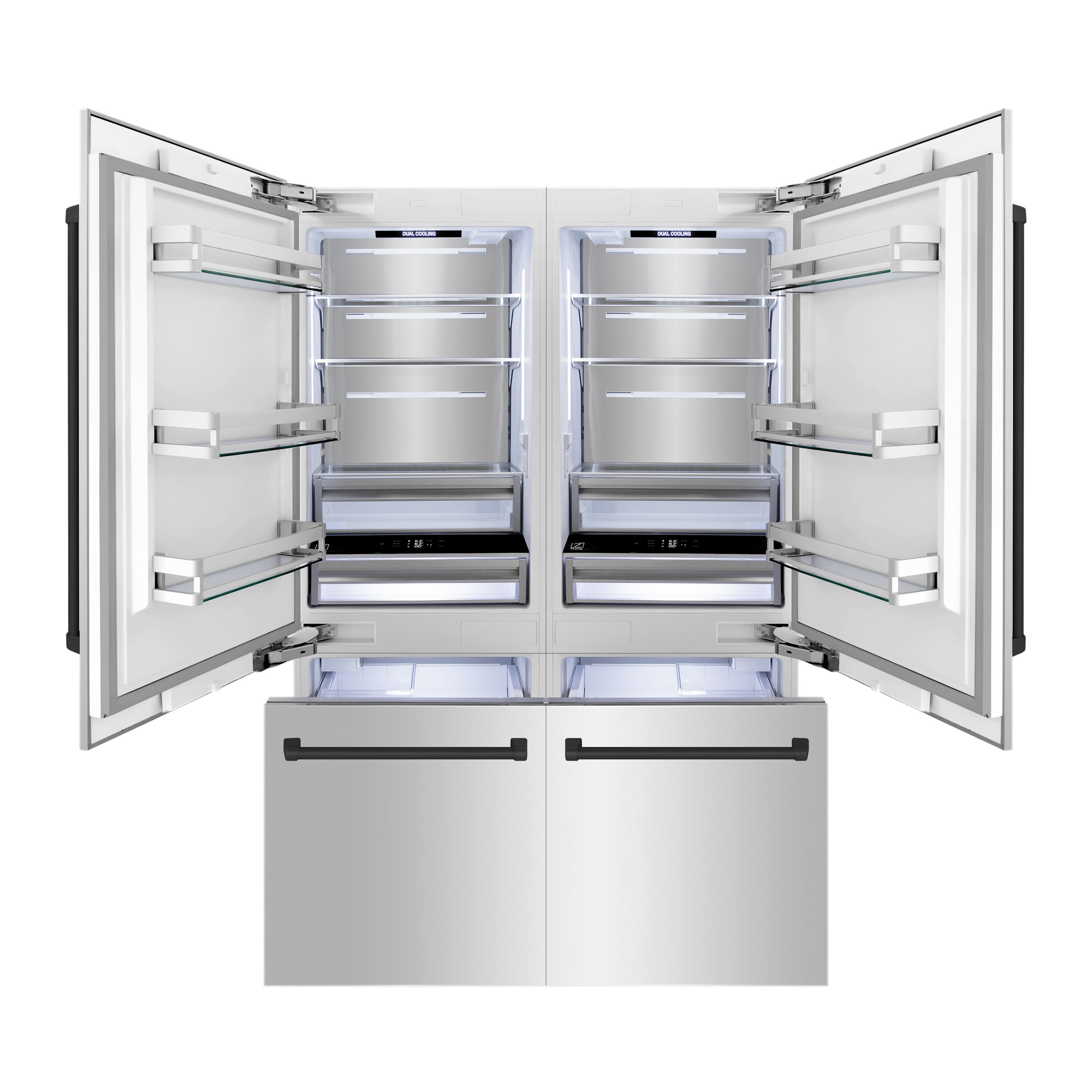 Refrigerador empotrado de puertas francesas de 4 puertas con máquina de hielo doble y dispensador de agua, edición Autograph de ZLINE KITCHEN & BATH de 32.2 pies cúbicos de profundidad de mostrador (acero inoxidable con manijas negras mate) certificado por ENERGY STAR RBIVZ-304-60-MB