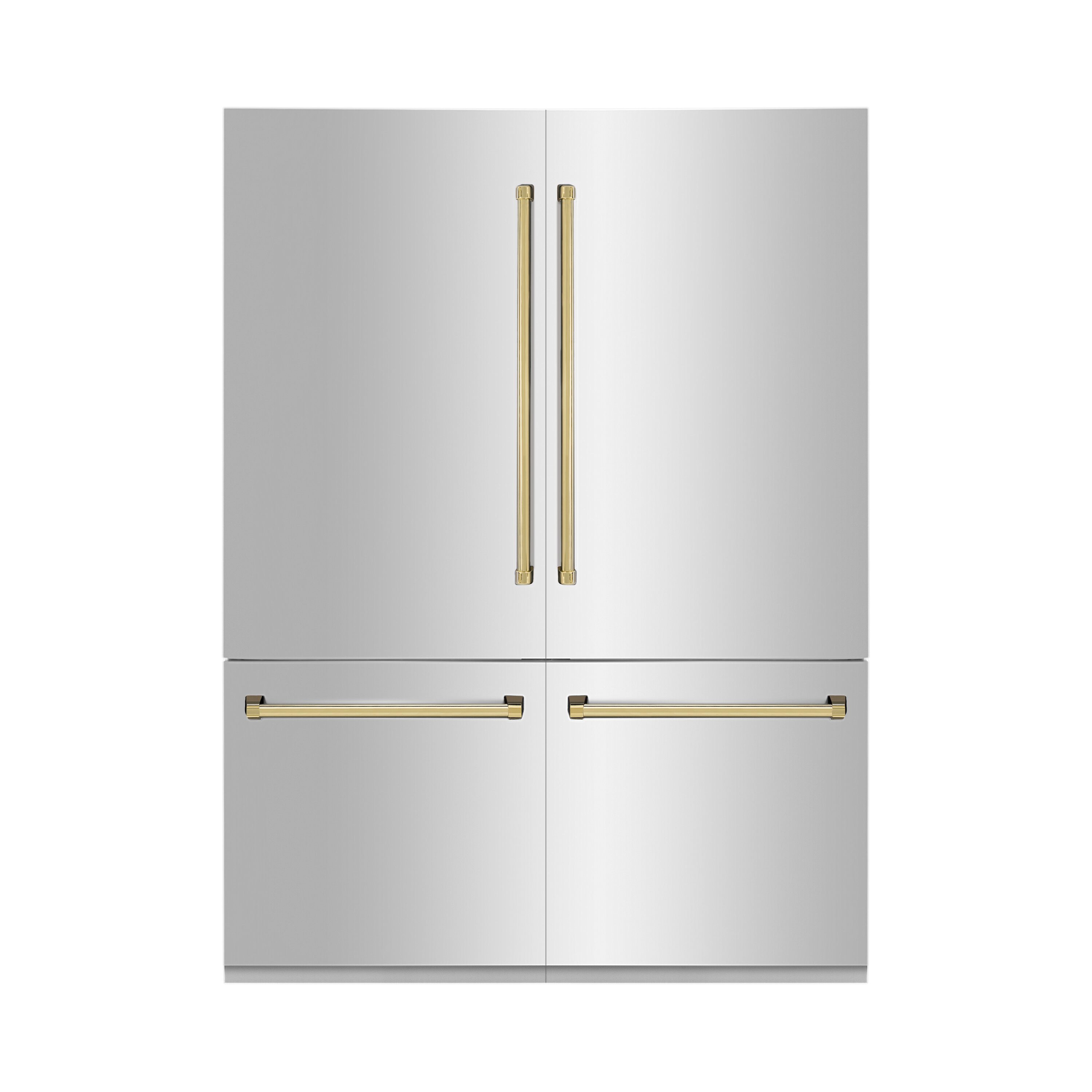 Refrigerador empotrable de puertas francesas de 4 puertas con doble fabricante de hielo y dispensador de agua (acero inoxidable con manijas de oro pulido) Edición Autógrafa de ZLINE KITCHEN & BATH de 32.2 pies cúbicos de capacidad y profundidad de mostrador, certificado ENERGY STAR RBIVZ-304-60-G