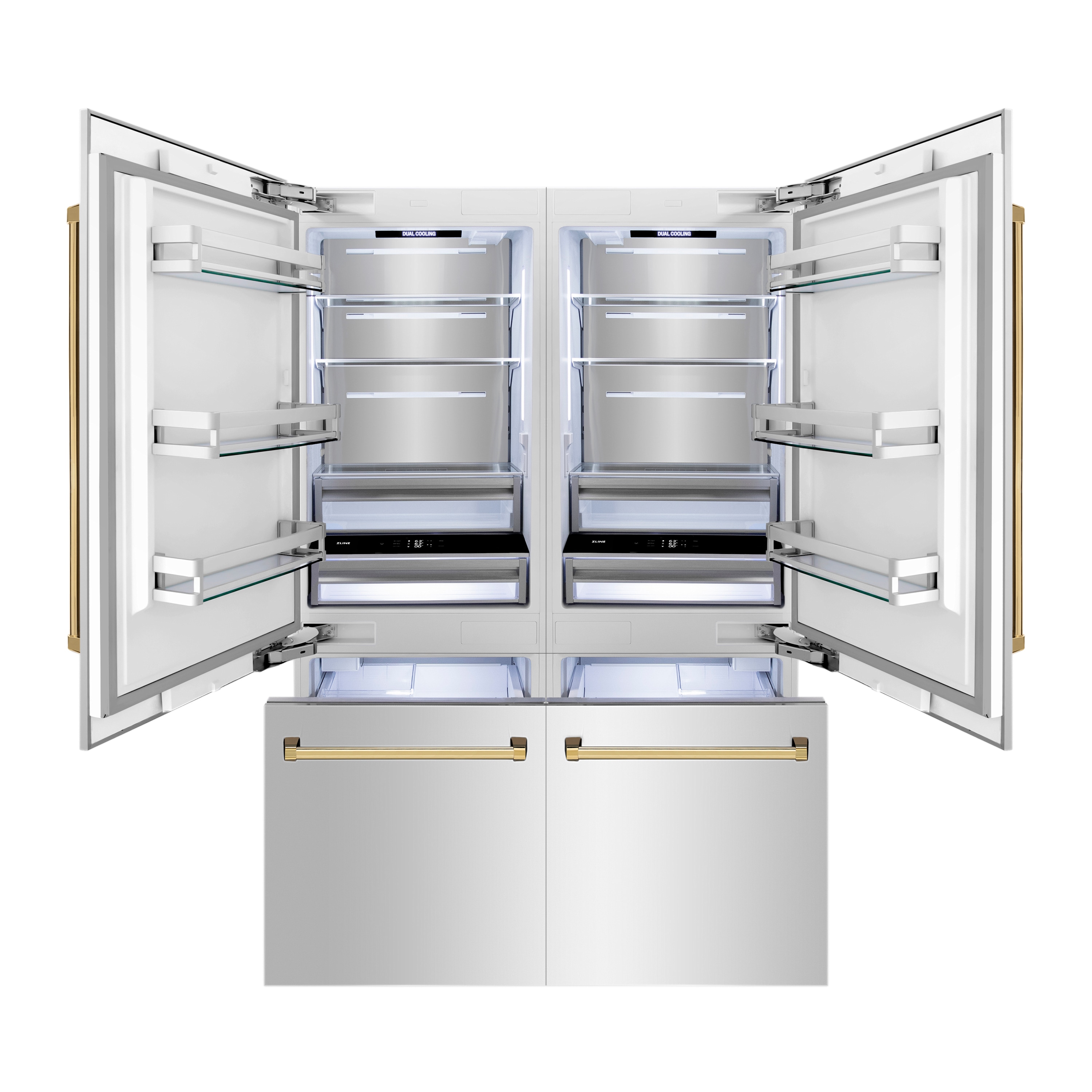 Refrigerador empotrable de puertas francesas de 4 puertas con doble fabricante de hielo y dispensador de agua (acero inoxidable con manijas de oro pulido) Edición Autógrafa de ZLINE KITCHEN & BATH de 32.2 pies cúbicos de capacidad y profundidad de mostrador, certificado ENERGY STAR RBIVZ-304-60-G