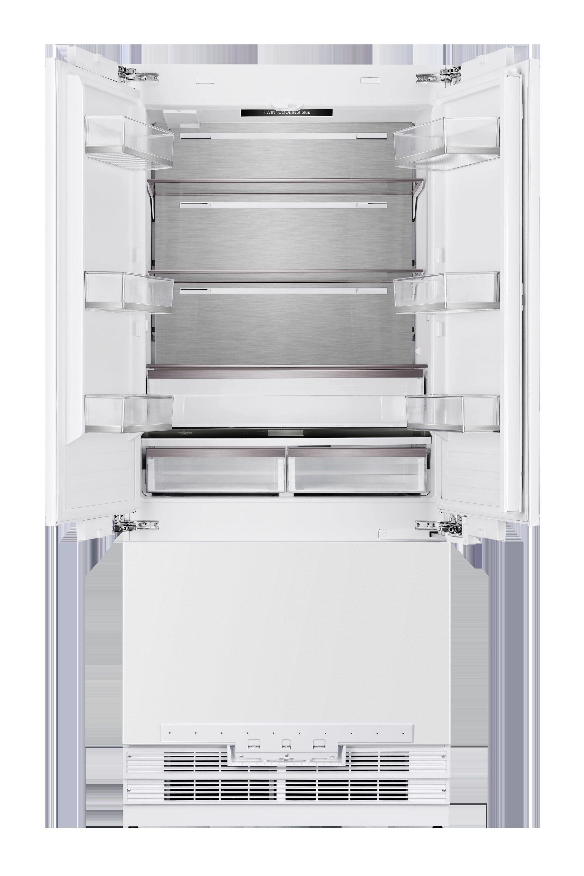 Refrigerador francés empotrado de puertas triples de acero inoxidable con fabricador de hielo y dispensador de agua y hielo, con certificación ENERGY STAR y profundidad de mostrador Hallman de 19.6 pies cúbicos.