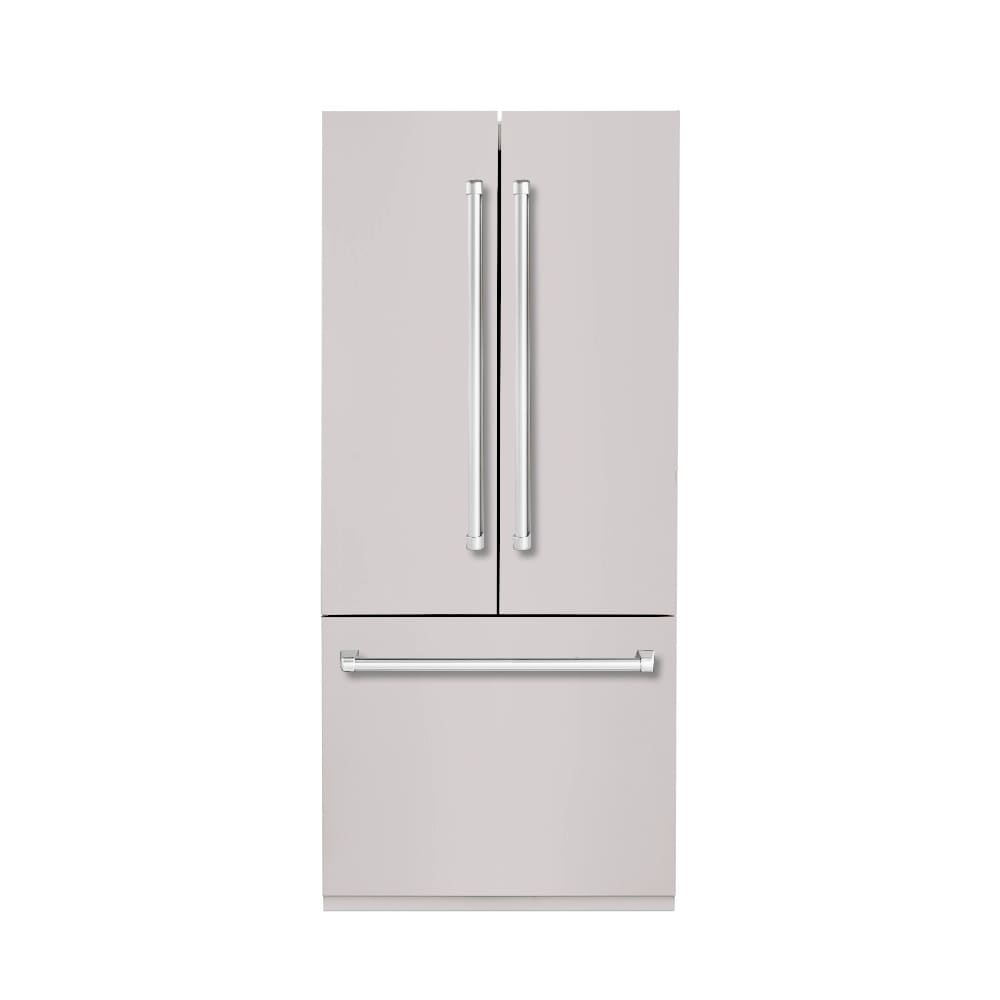 Refrigerador francés empotrado de puertas triples de acero inoxidable con fabricador de hielo y dispensador de agua y hielo, con certificación ENERGY STAR y profundidad de mostrador Hallman de 19.6 pies cúbicos.