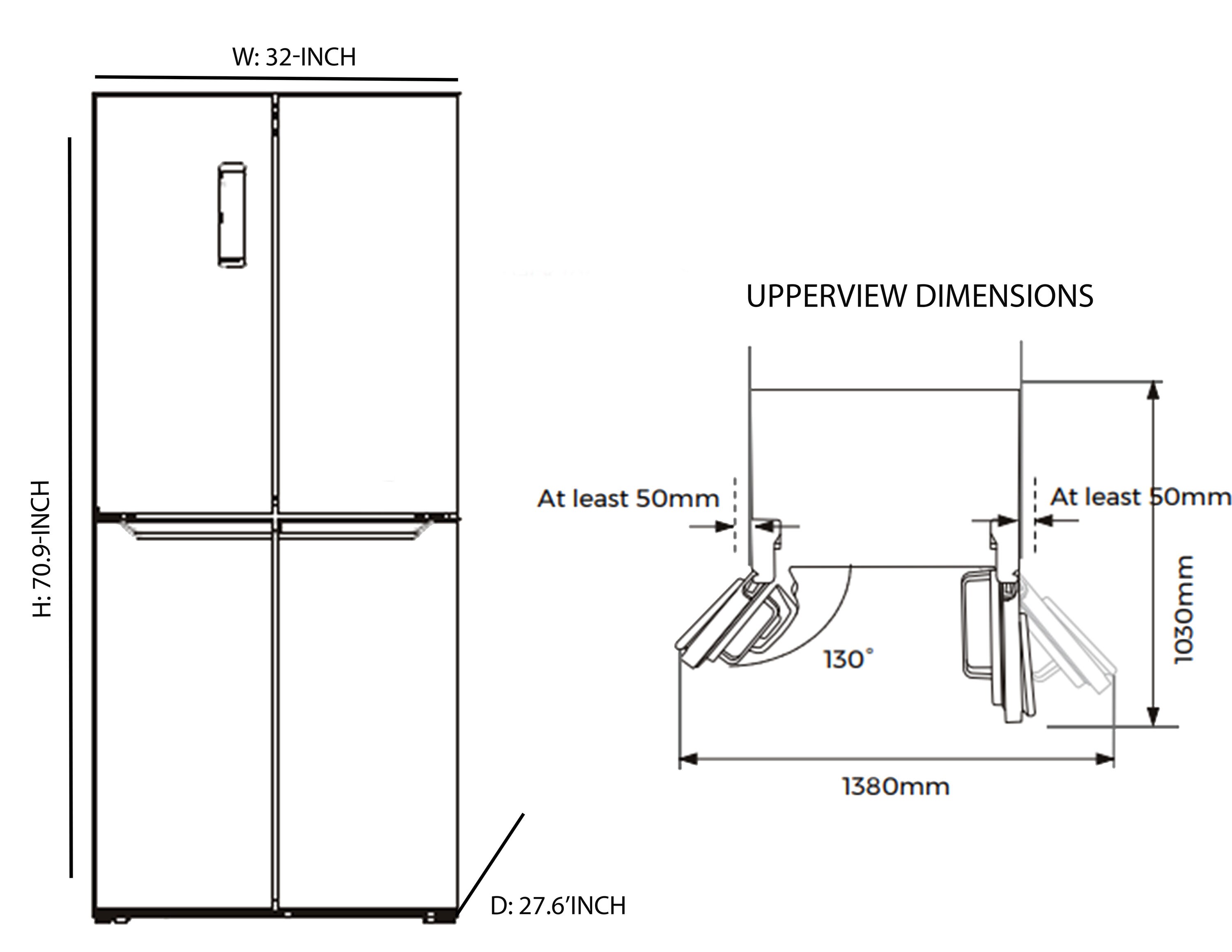 Refrigerador empotrado de puertas francesas de 4 puertas de acero inoxidable con una capacidad de 14.9 pies cúbicos de Impecca de profunidad de mostrador