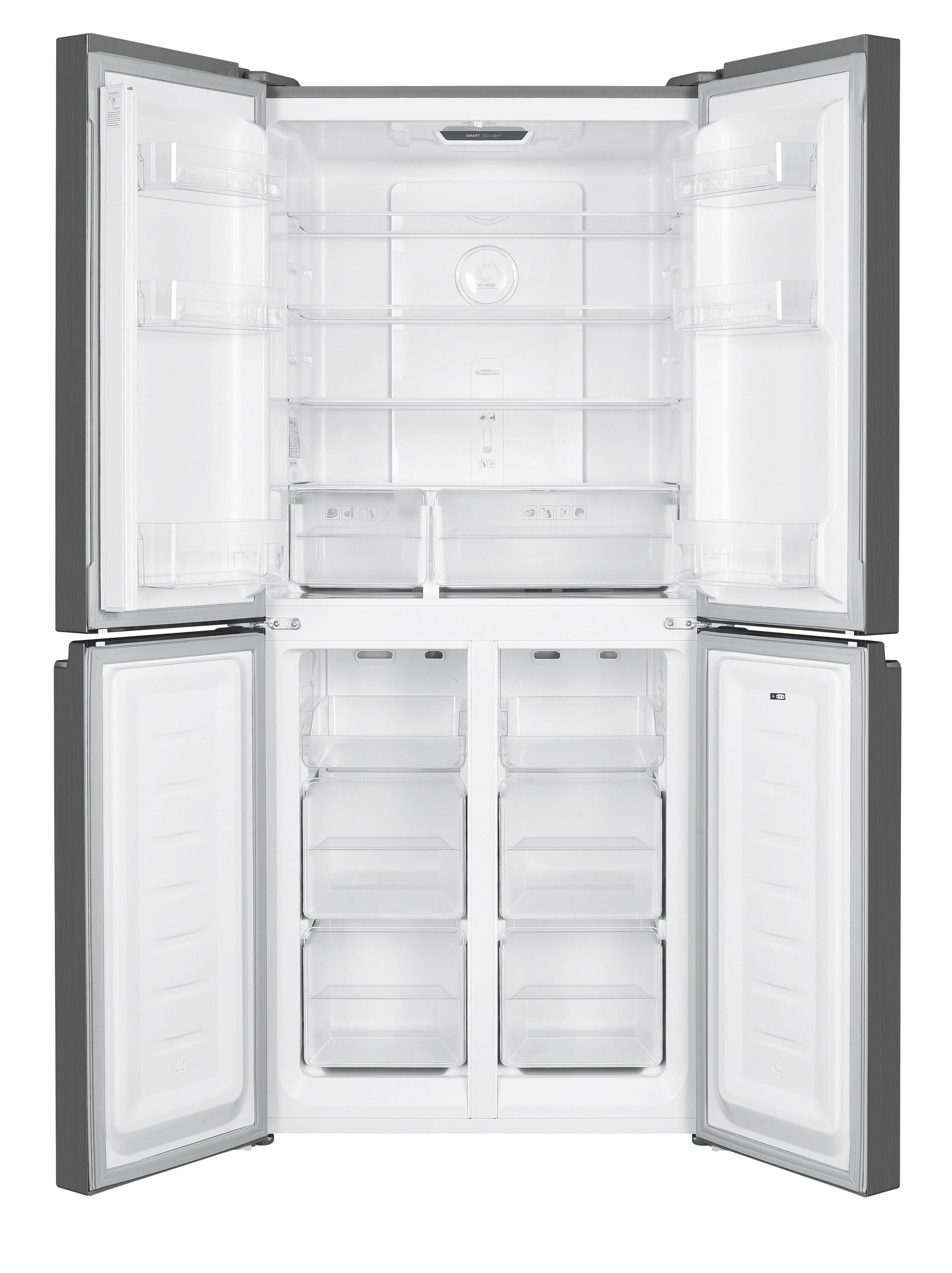 Refrigerador empotrado de puertas francesas de 4 puertas de acero inoxidable con una capacidad de 14.9 pies cúbicos de Impecca de profunidad de mostrador