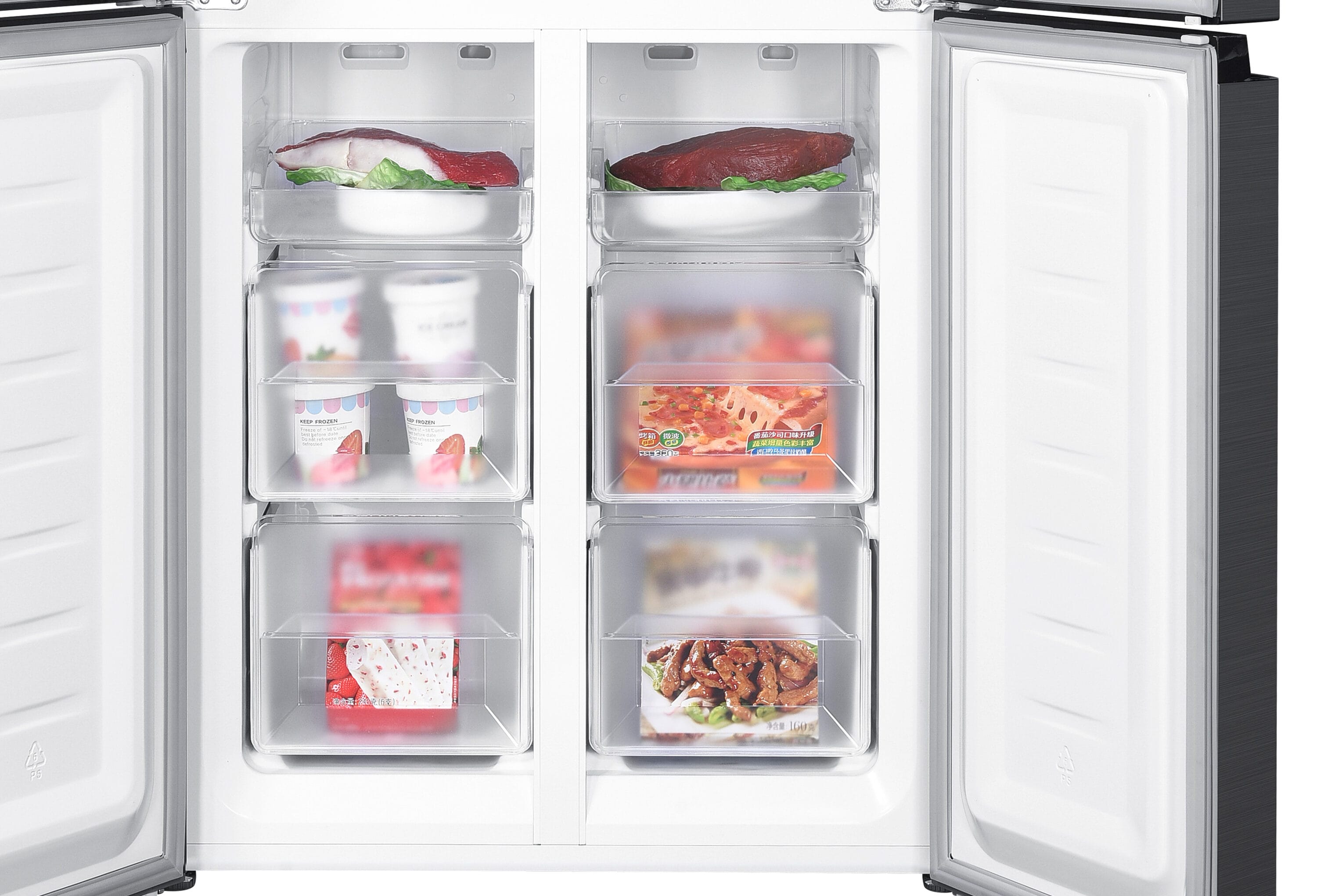 Refrigerador empotrado de puertas francesas de 4 puertas de acero inoxidable con una capacidad de 14.9 pies cúbicos de Impecca de profunidad de mostrador