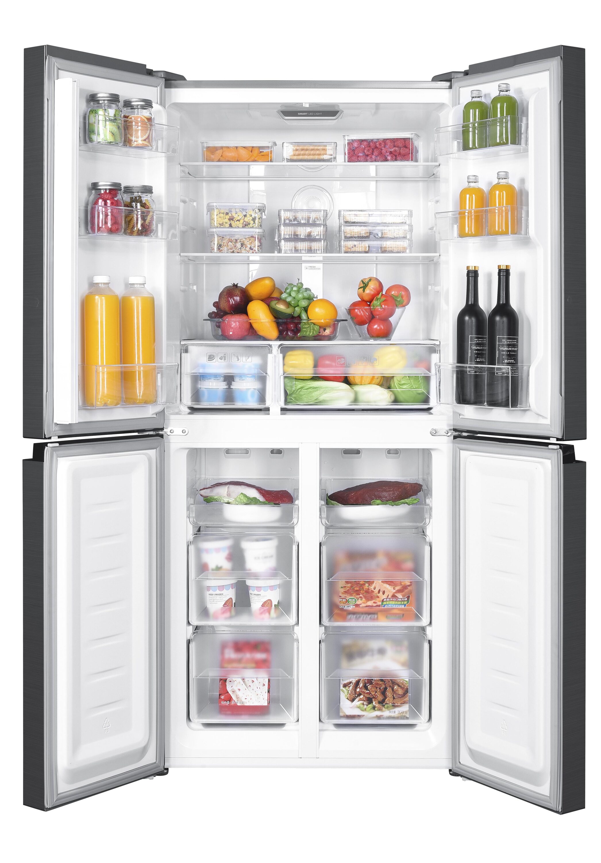 Refrigerador empotrado de puertas francesas de 4 puertas de acero inoxidable con una capacidad de 14.9 pies cúbicos de Impecca de profunidad de mostrador