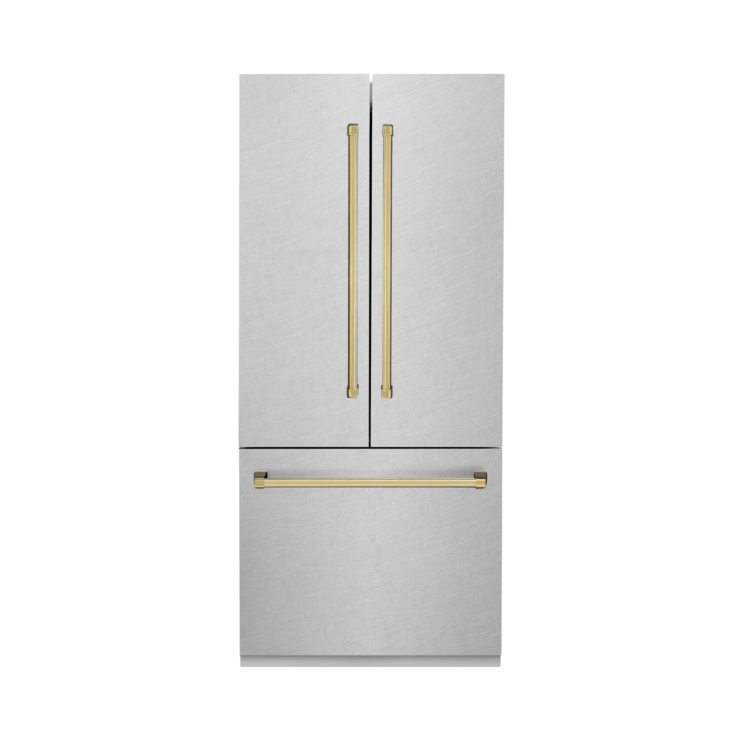 Refrigerador empotrado de puertas francesas ZLINE KITCHEN & BATH de 19.6 pies cúbicos con dispensador de hielo y agua (Acero inoxidable resistente a manchas con manija de oro pulido) certificado ENERGY STAR.