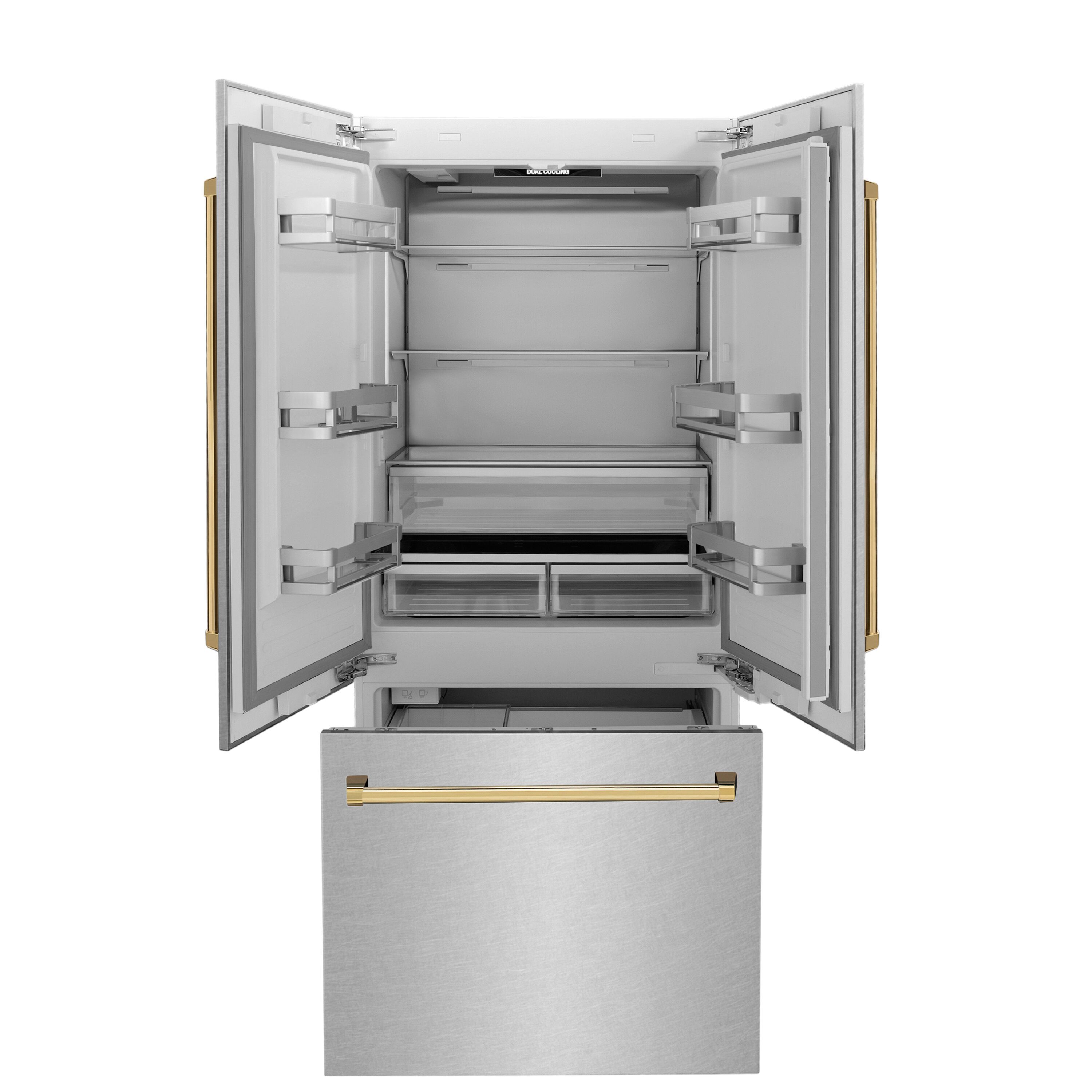 Refrigerador empotrado de puertas francesas ZLINE KITCHEN & BATH de 19.6 pies cúbicos con dispensador de hielo y agua (Acero inoxidable resistente a manchas con manija de oro pulido) certificado ENERGY STAR.