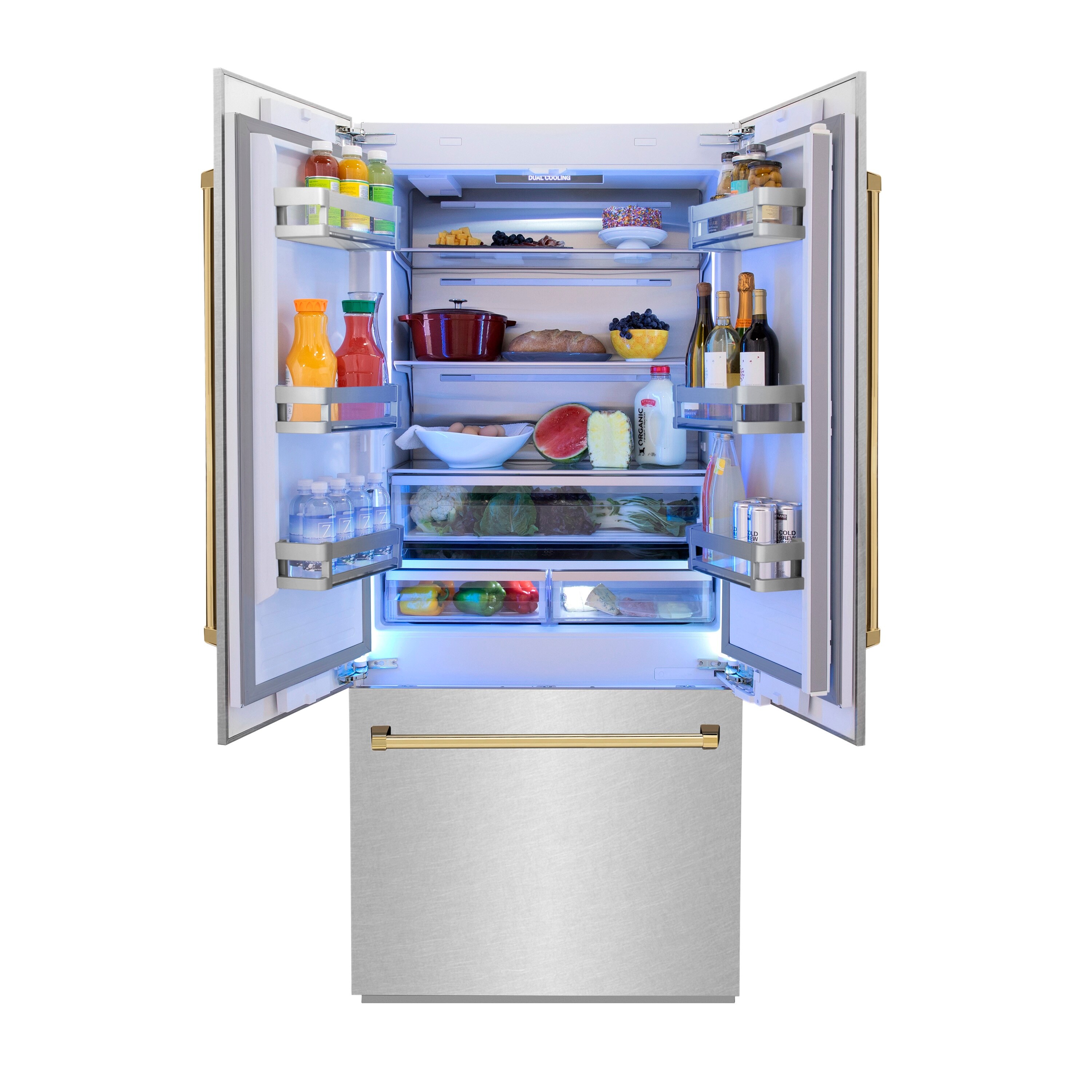 Refrigerador empotrado de puertas francesas ZLINE KITCHEN & BATH de 19.6 pies cúbicos con dispensador de hielo y agua (Acero inoxidable resistente a manchas con manija de oro pulido) certificado ENERGY STAR.