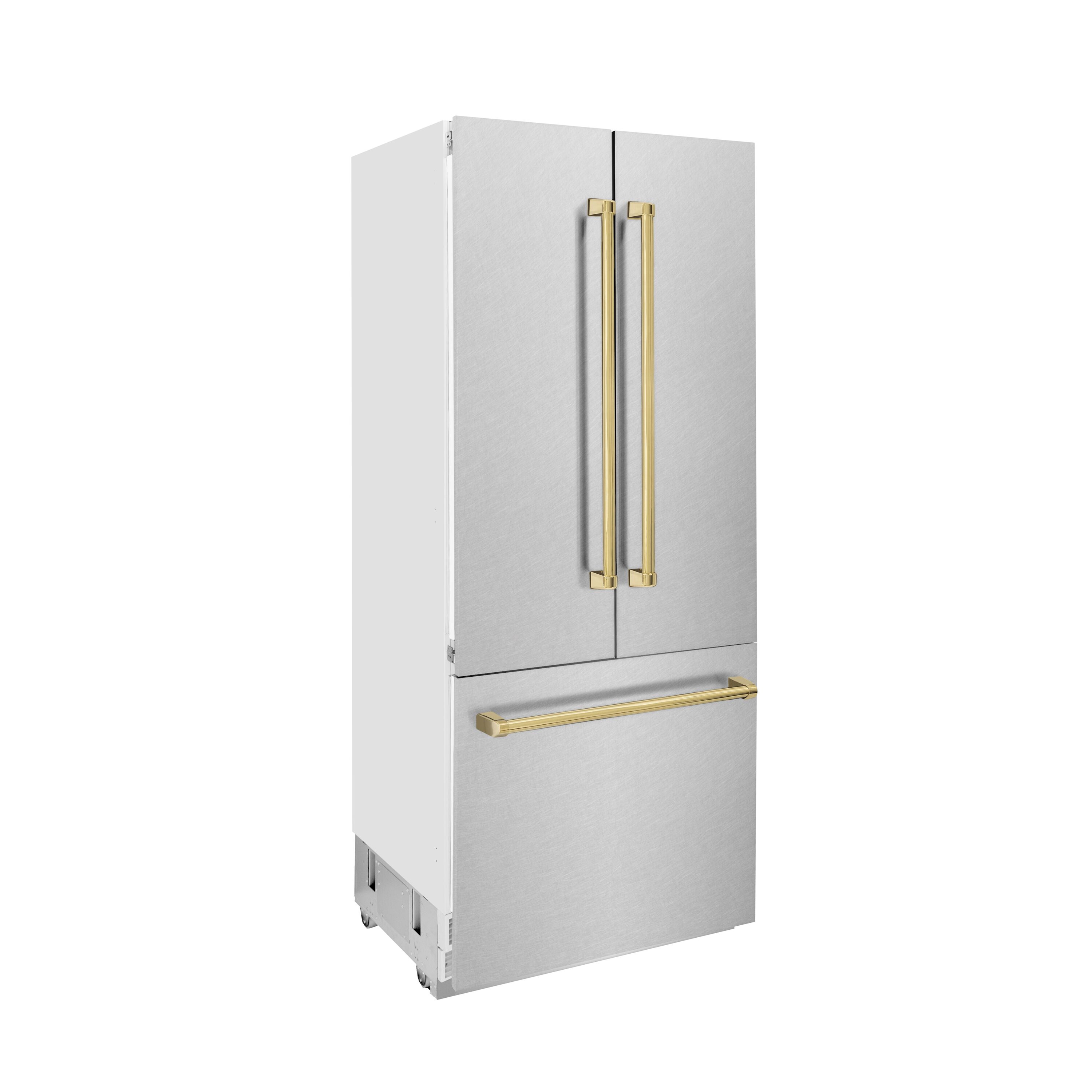 Refrigerador empotrado de puertas francesas ZLINE KITCHEN & BATH de 19.6 pies cúbicos con dispensador de hielo y agua (Acero inoxidable resistente a manchas con manija de oro pulido) certificado ENERGY STAR.